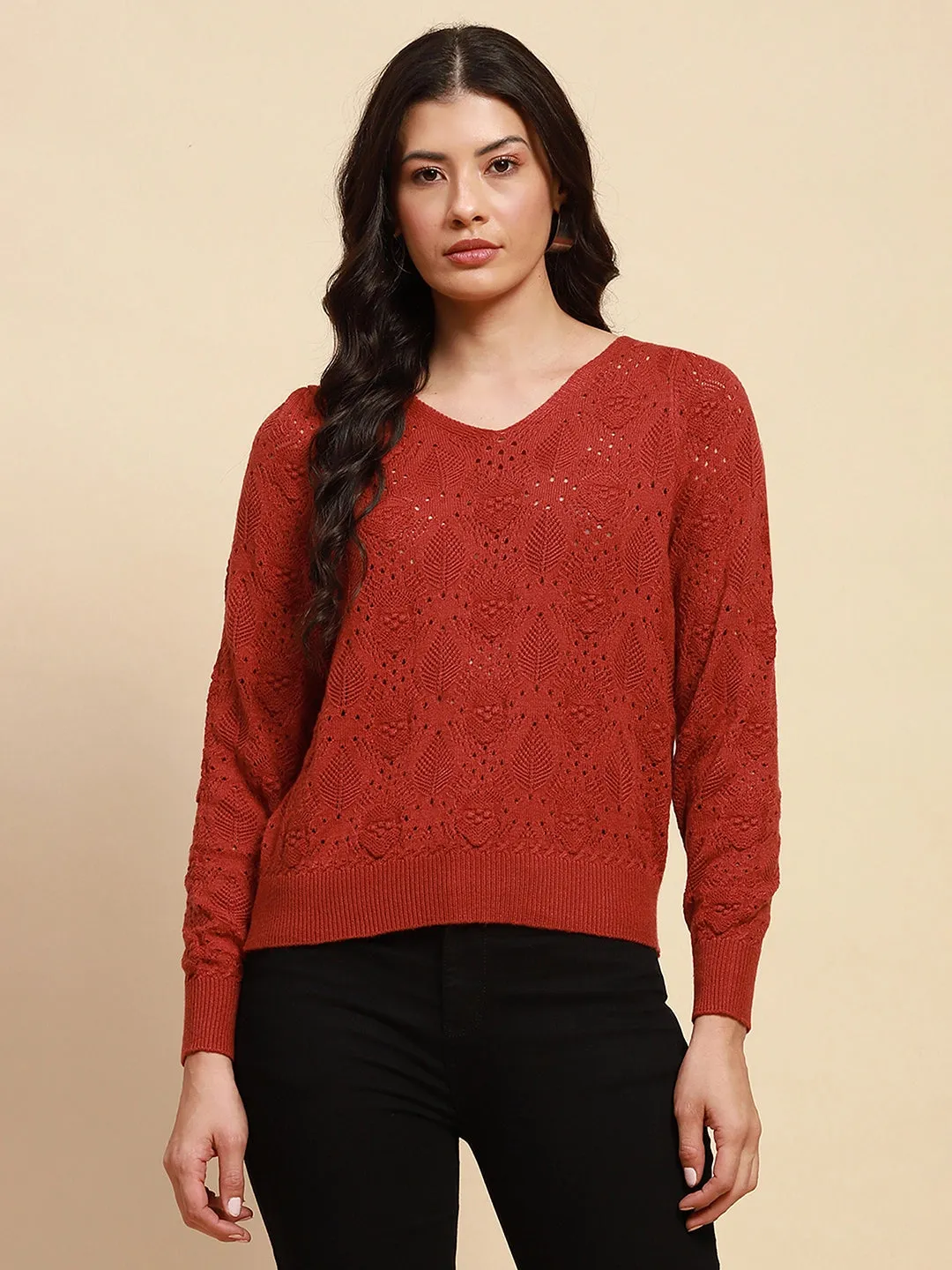 Rust Viscose Blend Relaxed Fit Pullover For Women