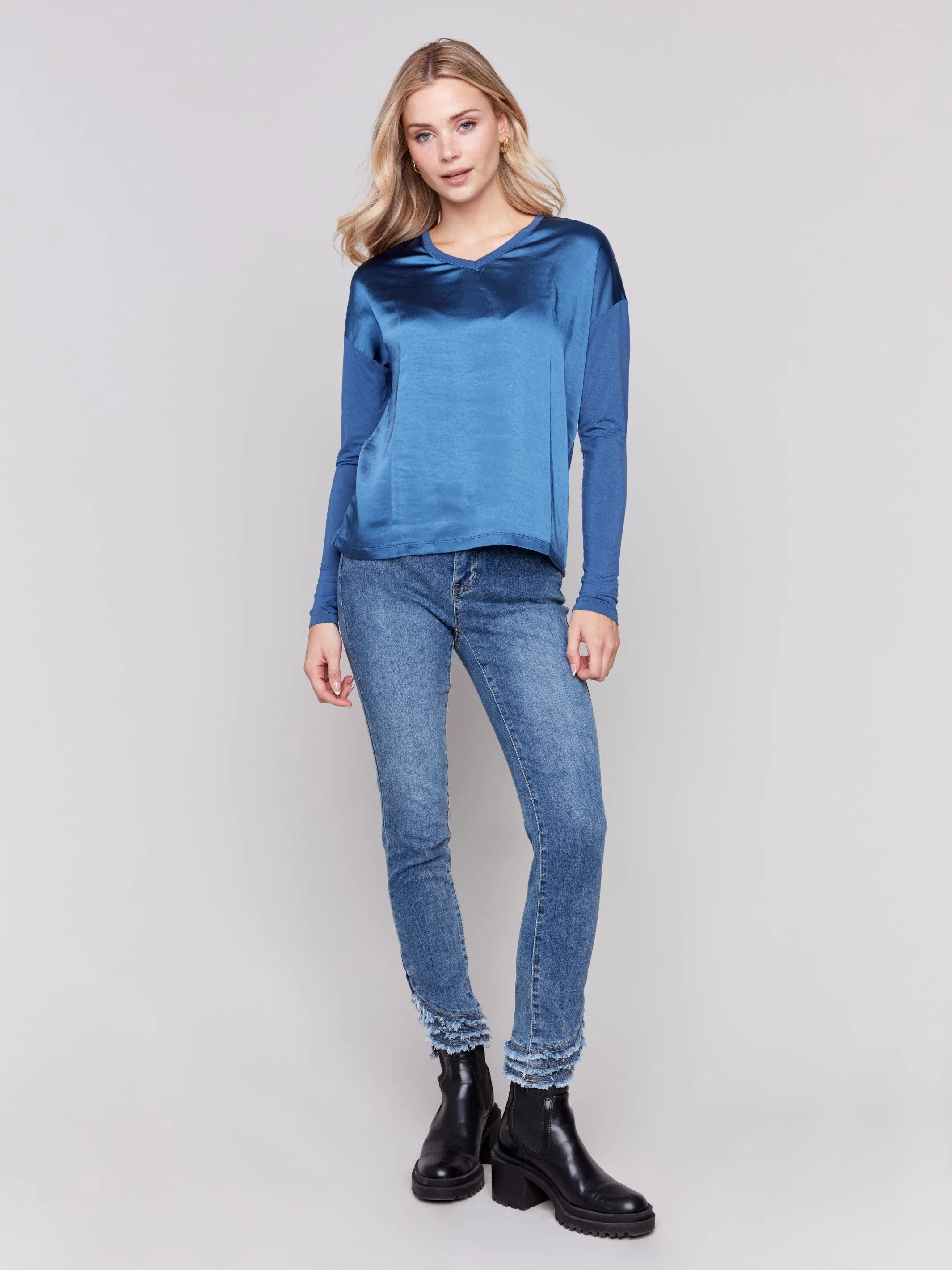 Satin and Jersey V-Neck Knit Top - Denim