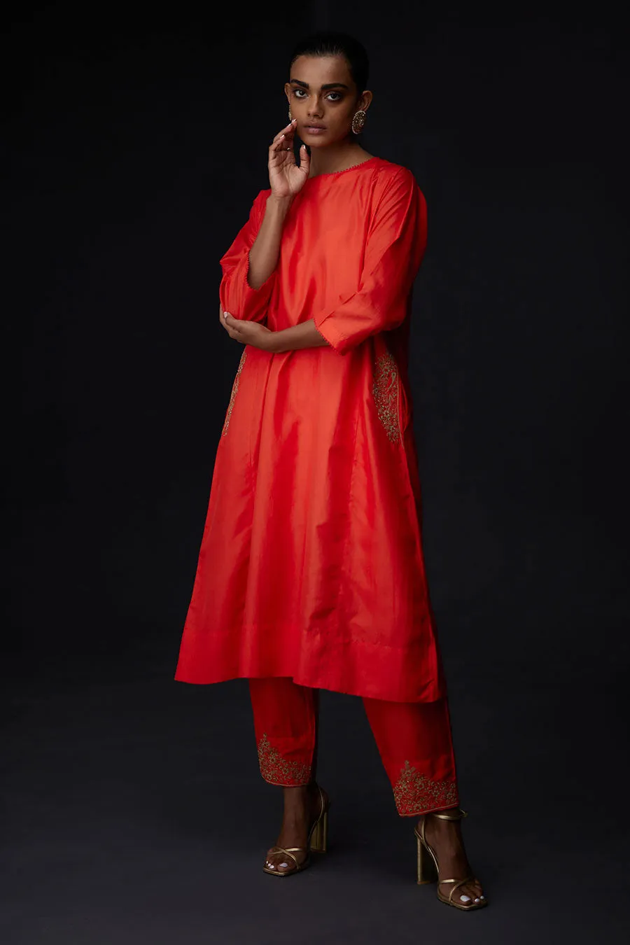 Scarlet Red Embroidered Pocket Tunic & Pant Set