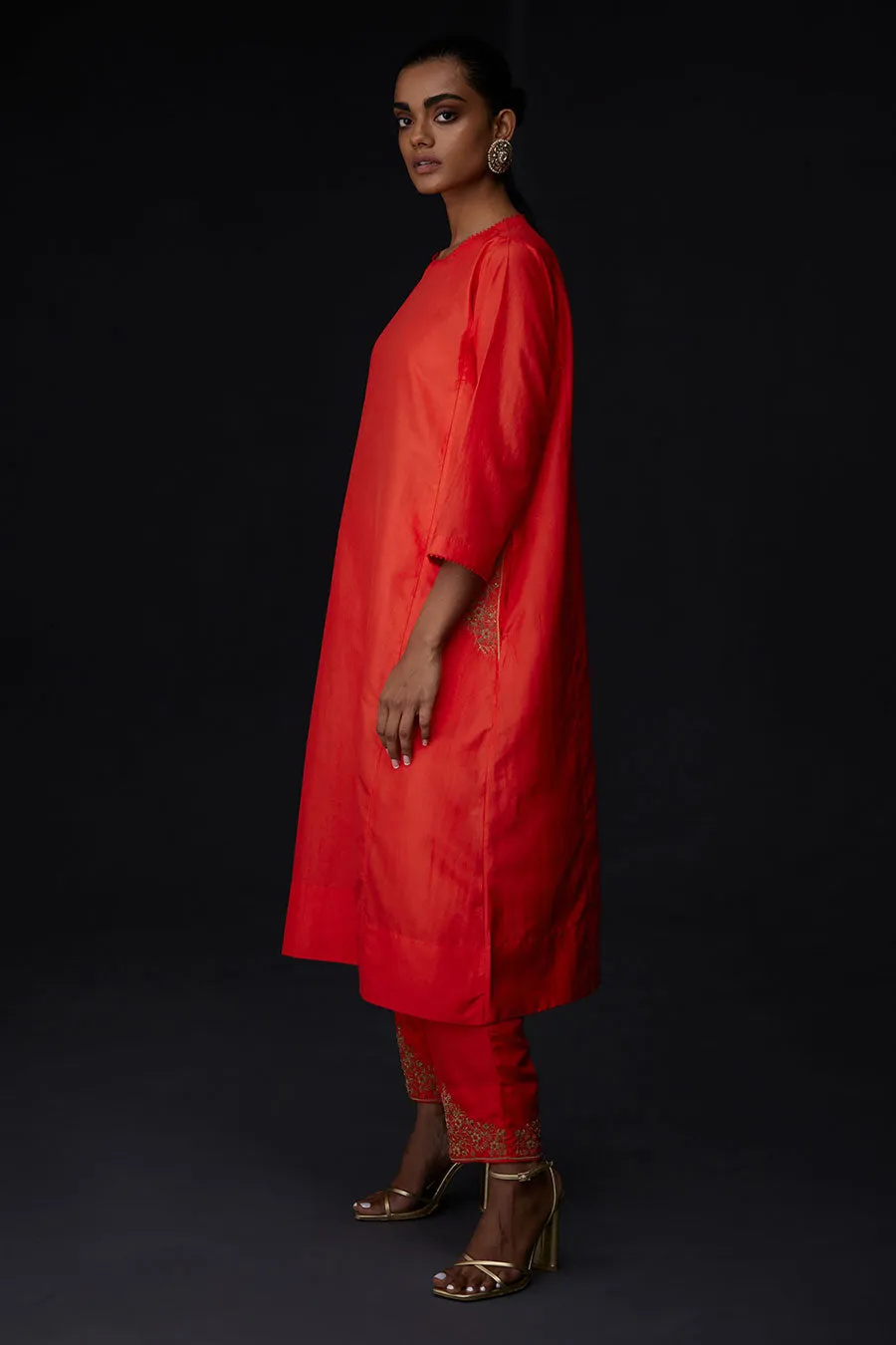 Scarlet Red Embroidered Pocket Tunic & Pant Set