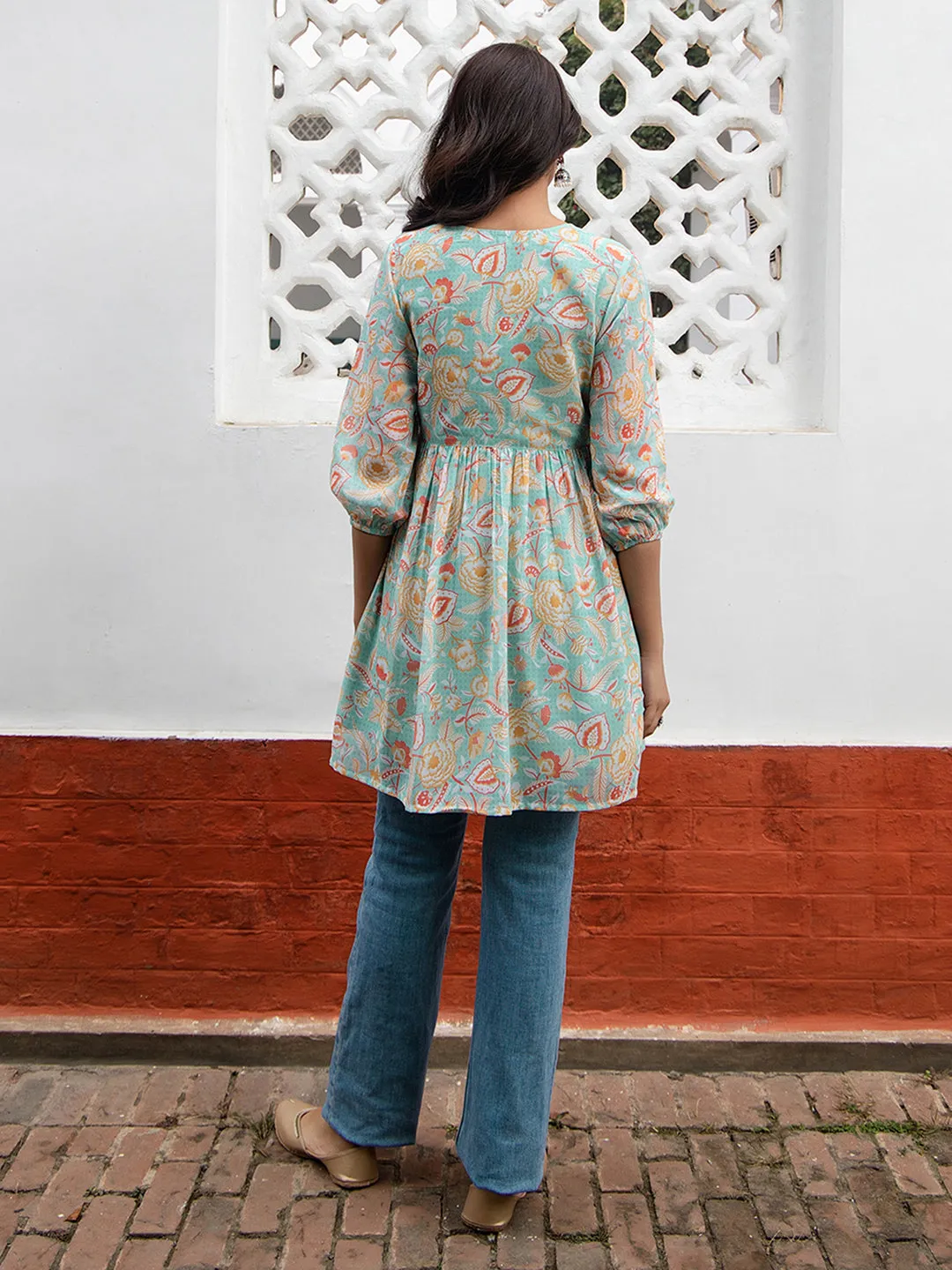 Sea Blue Georgette Floral Gathered Tunic