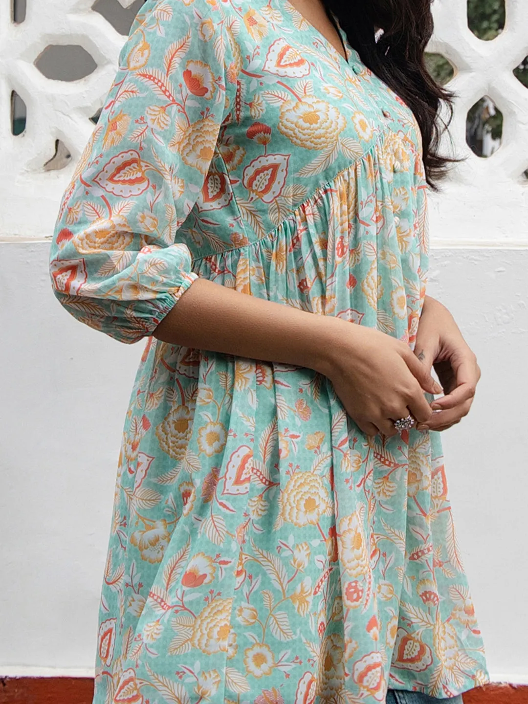 Sea Blue Georgette Floral Gathered Tunic