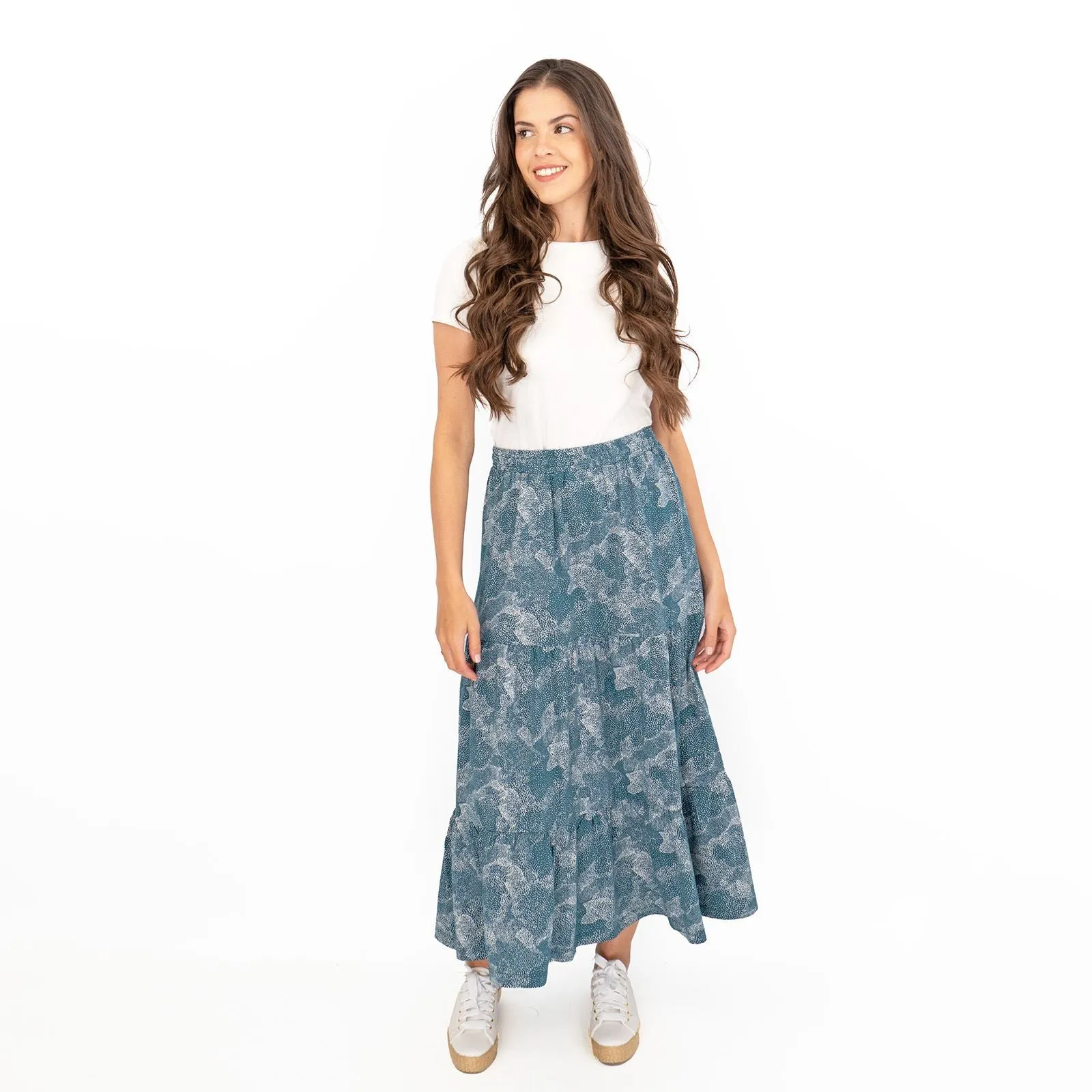 Seasalt Teal Dotted Skies Dark Eden Line Strokes Flare Maxi Skirt