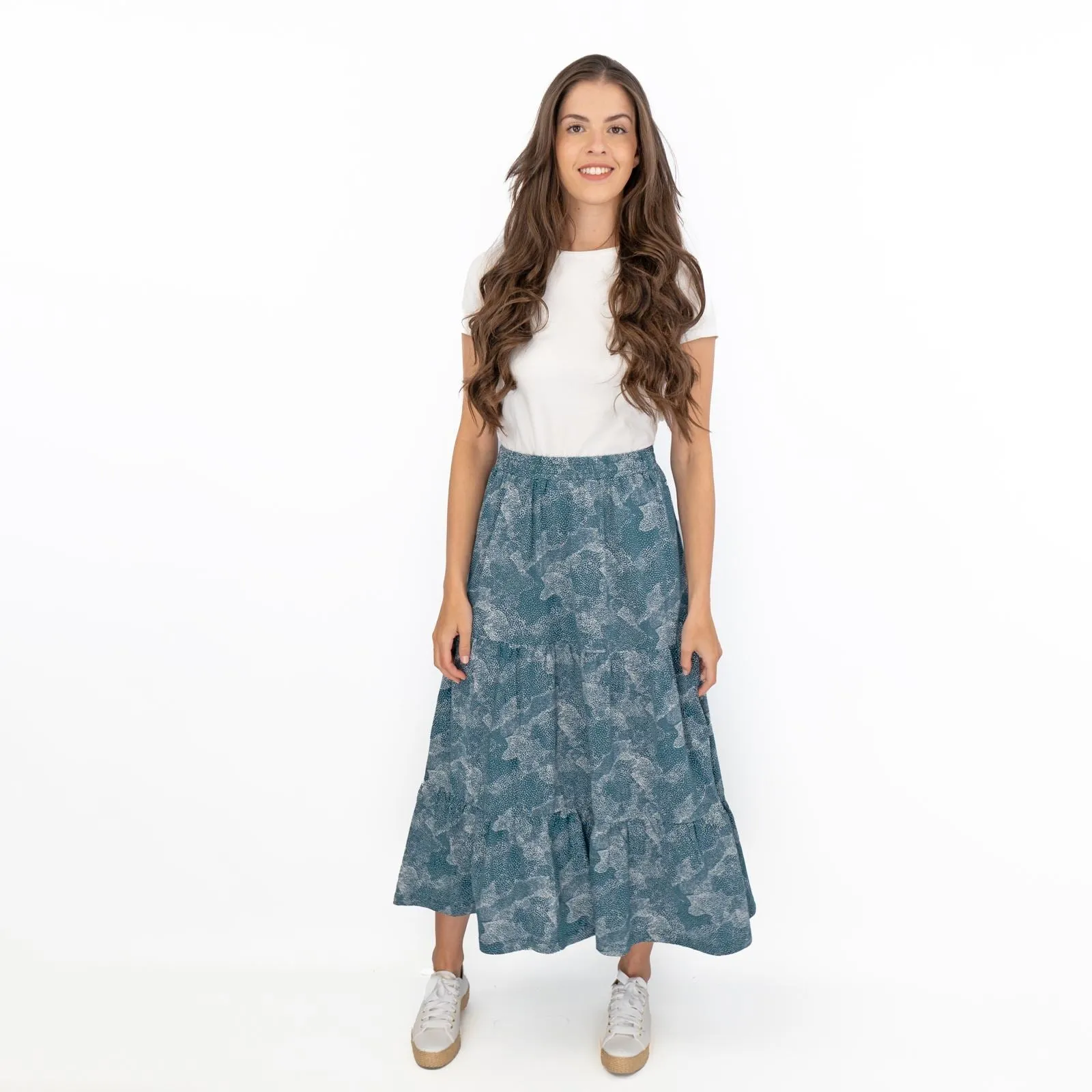 Seasalt Teal Dotted Skies Dark Eden Line Strokes Flare Maxi Skirt