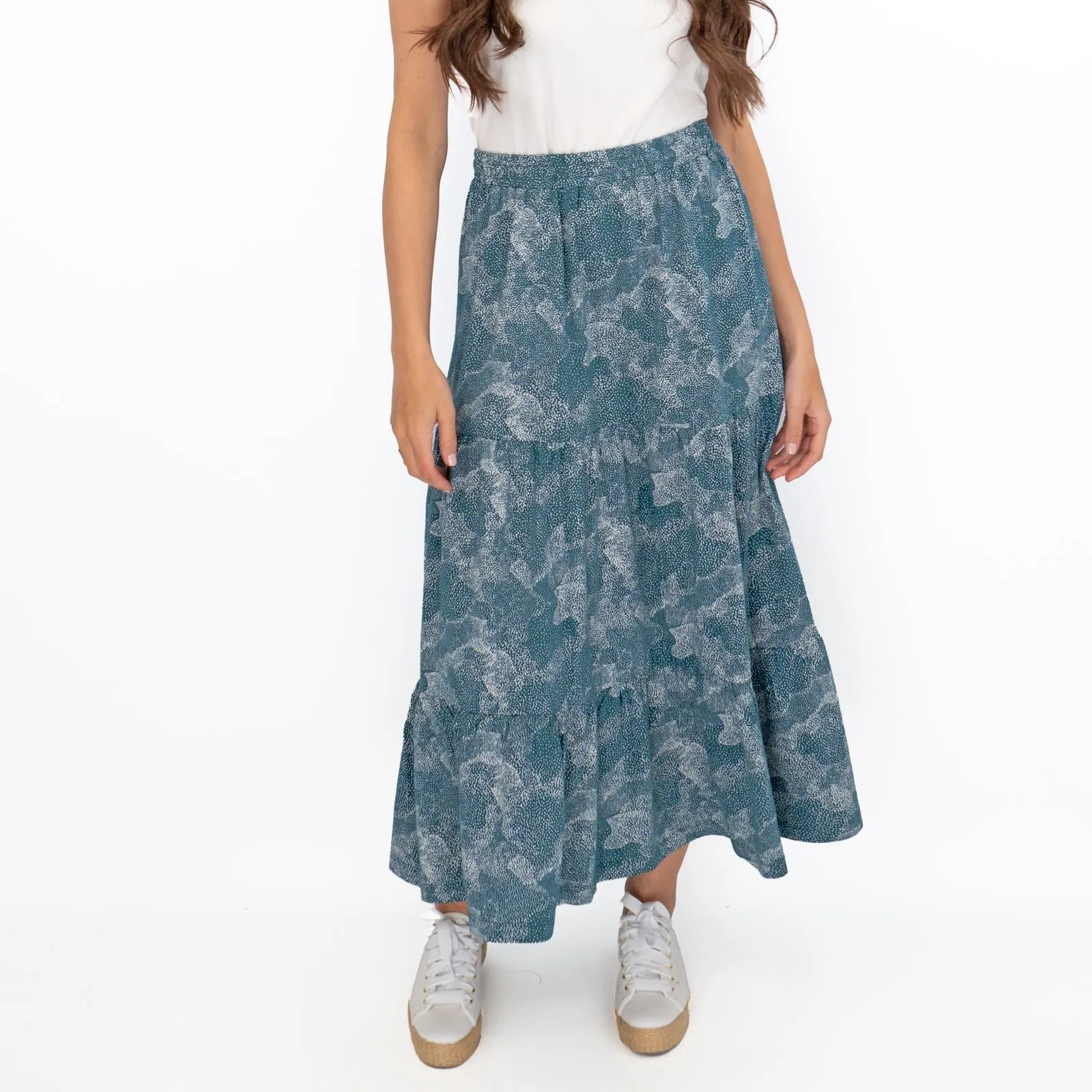 Seasalt Teal Dotted Skies Dark Eden Line Strokes Flare Maxi Skirt