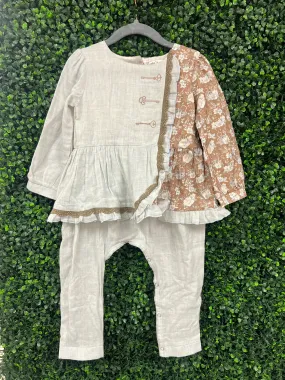 Secret Garden Heathered Blue and Tan Printed Romper