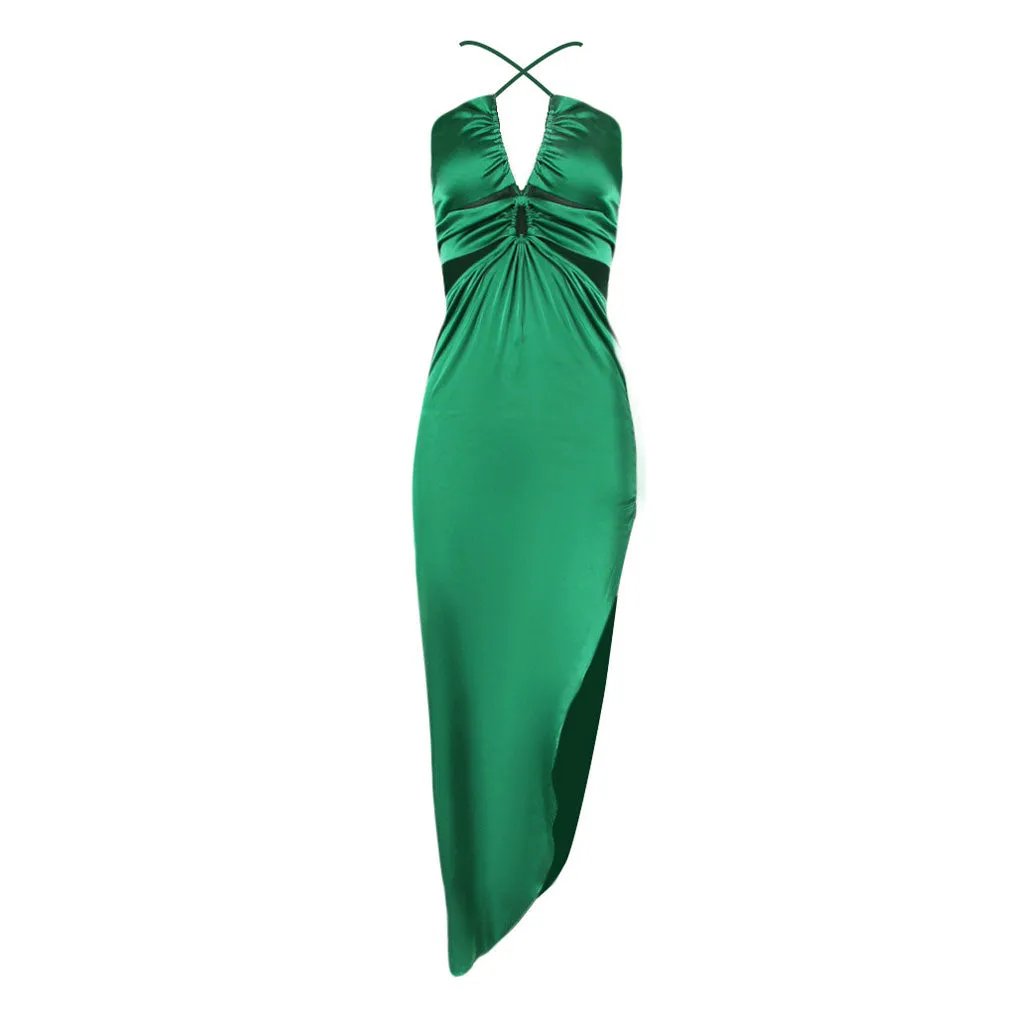 Sexy Cutout Strapless Ruched Cross Detail High Split Maxi Satin Dress