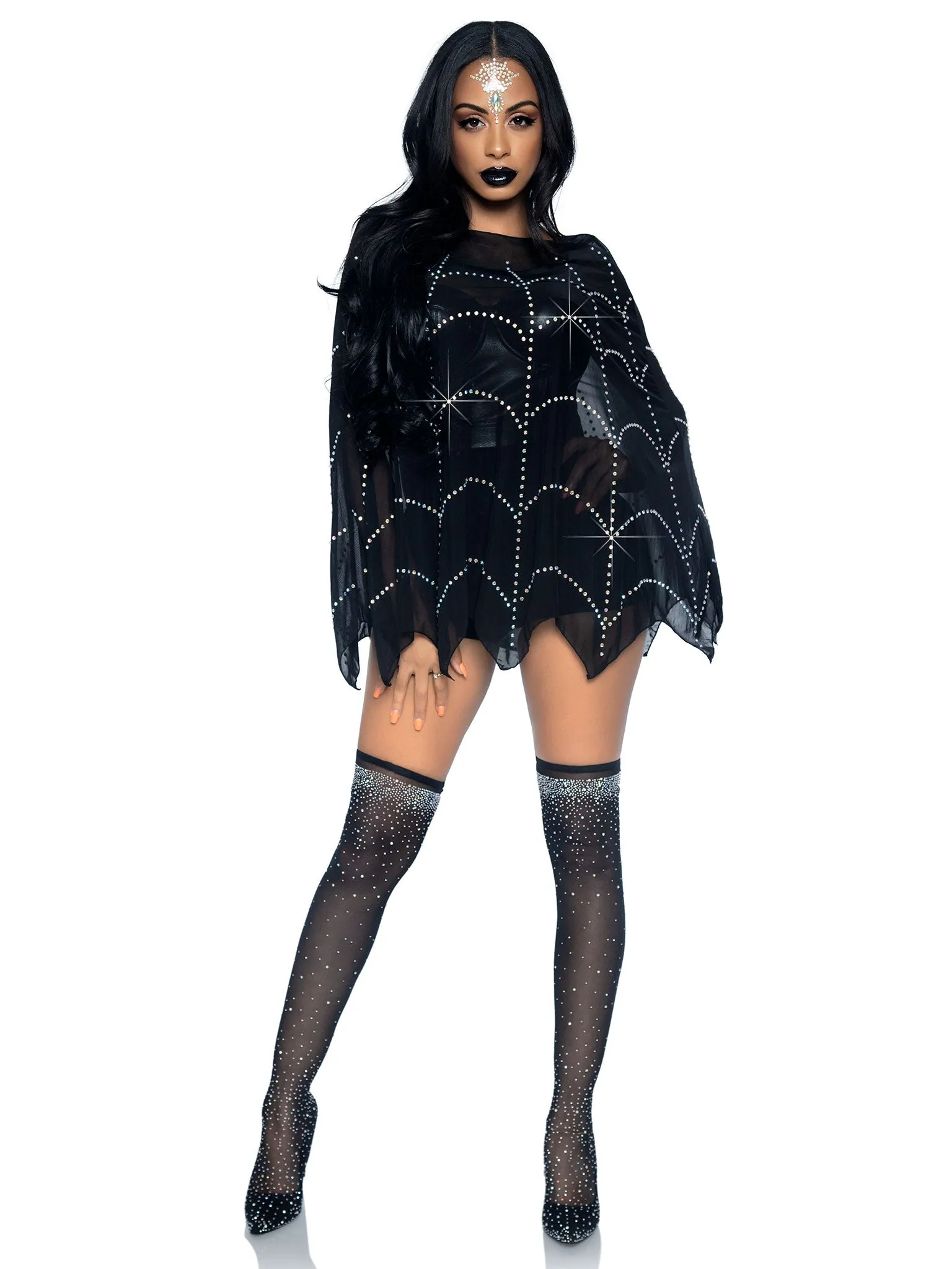 Sheer Rhinestone Spiderweb Poncho