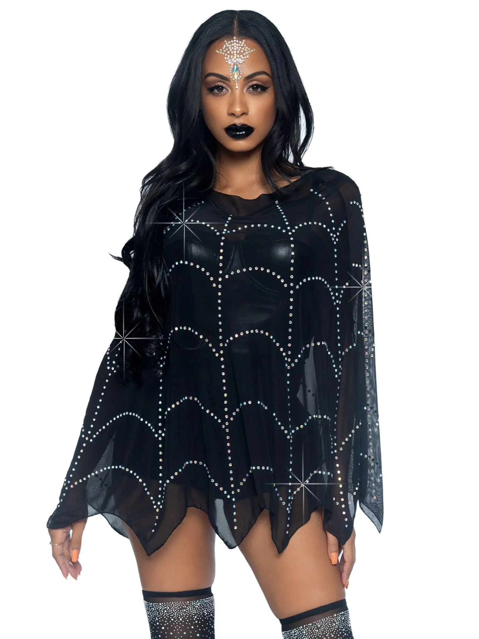 Sheer Rhinestone Spiderweb Poncho