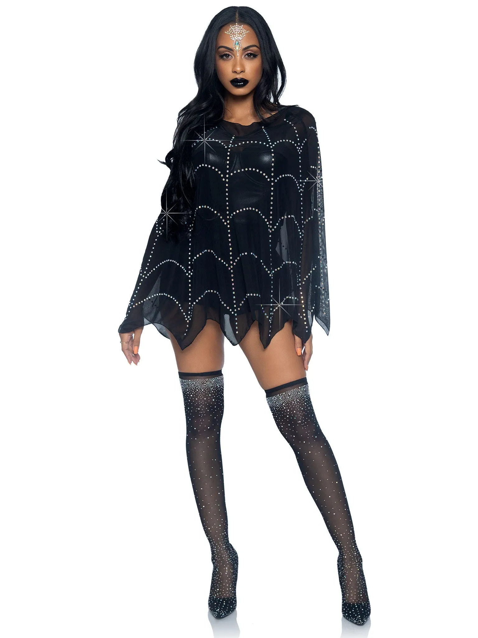 Sheer Rhinestone Spiderweb Poncho