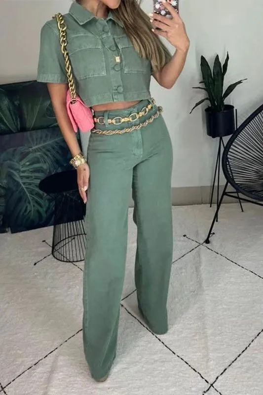 Short Sleeve Lapel High Waist Loose Pant Suit