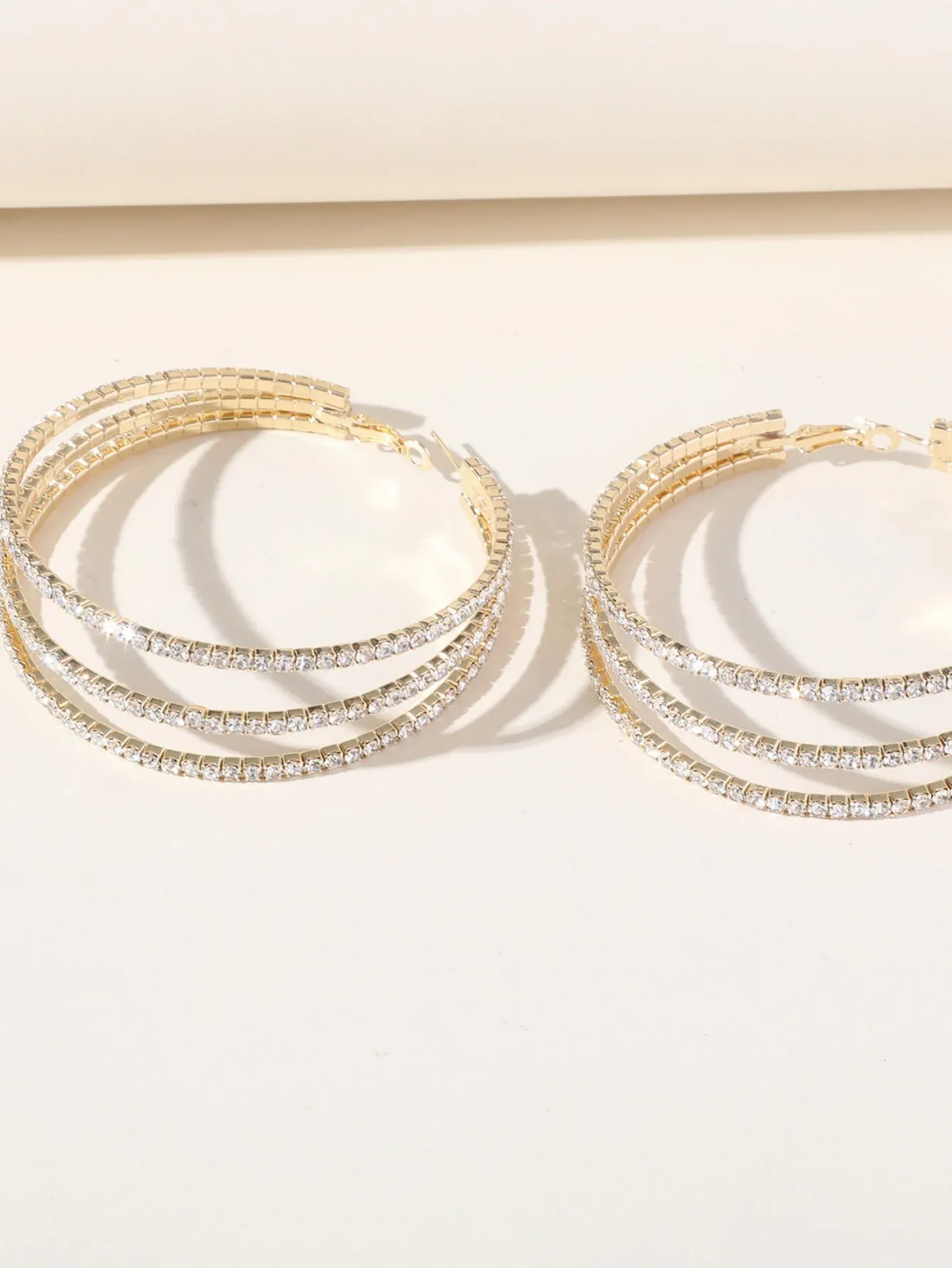 Silver Rhinestones Simple Triple Layer Hoop Earrings