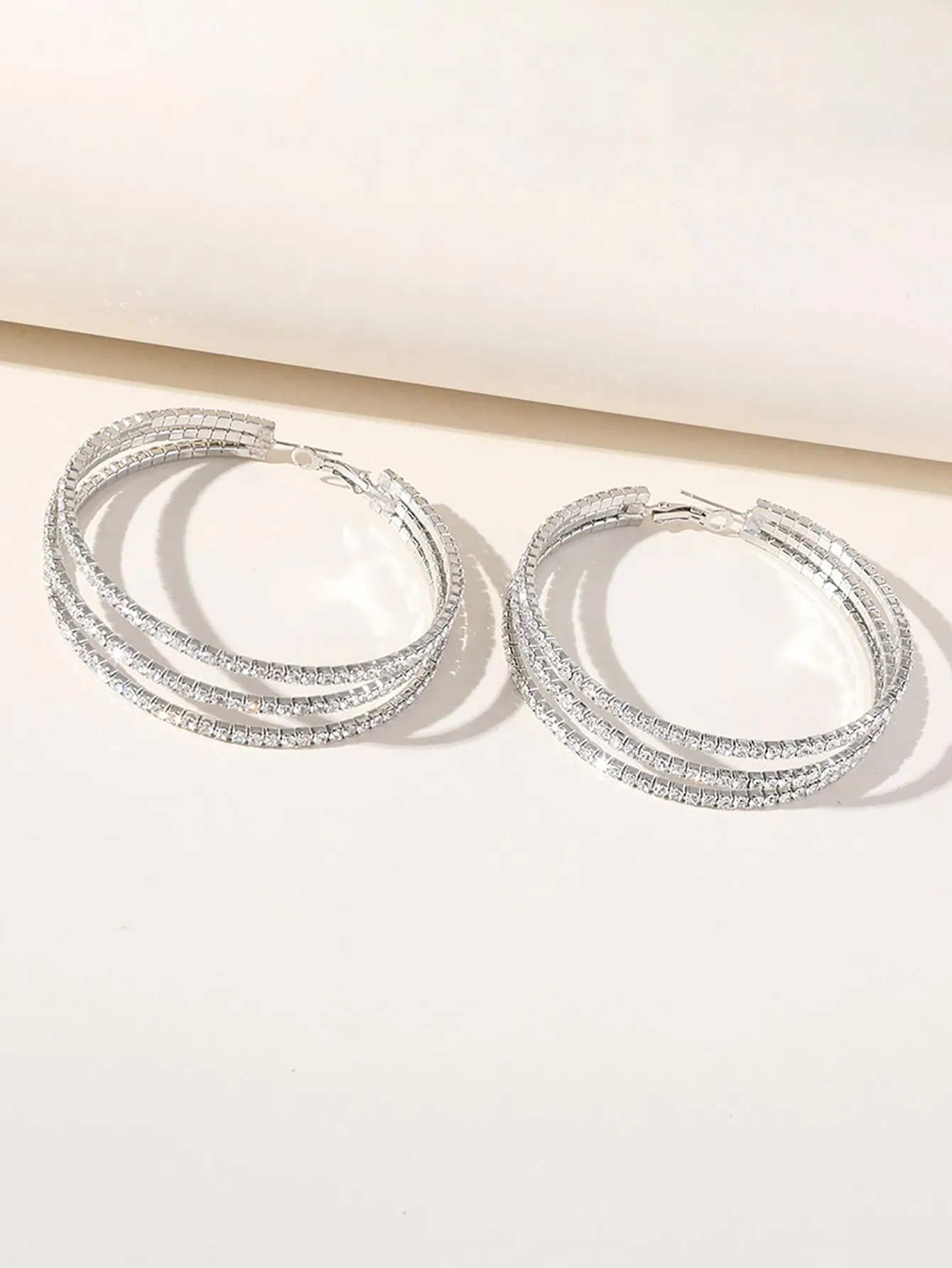 Silver Rhinestones Simple Triple Layer Hoop Earrings