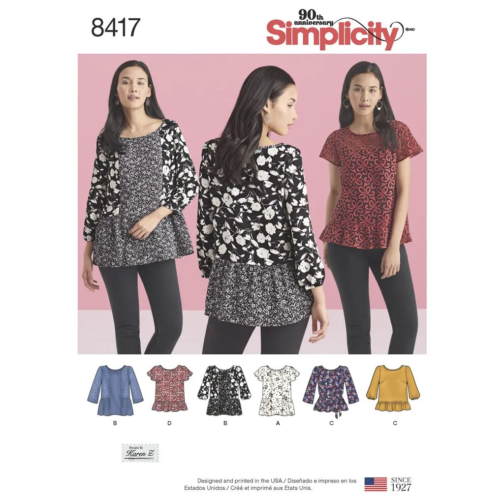 Simplicity Pattern 8417 Women's Pullover Tops with Sleeve and Fabric Variations