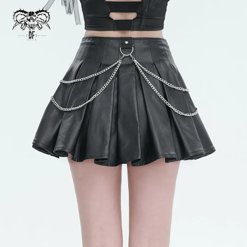 SKT166 Faux leather tied with rope pleated skirt with chain