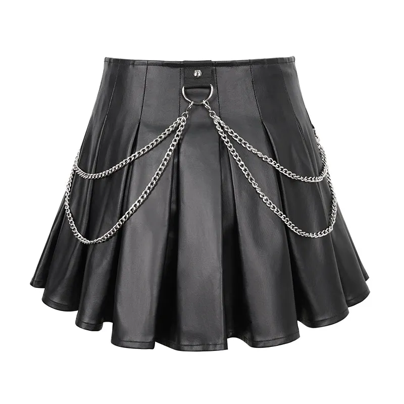 SKT166 Faux leather tied with rope pleated skirt with chain