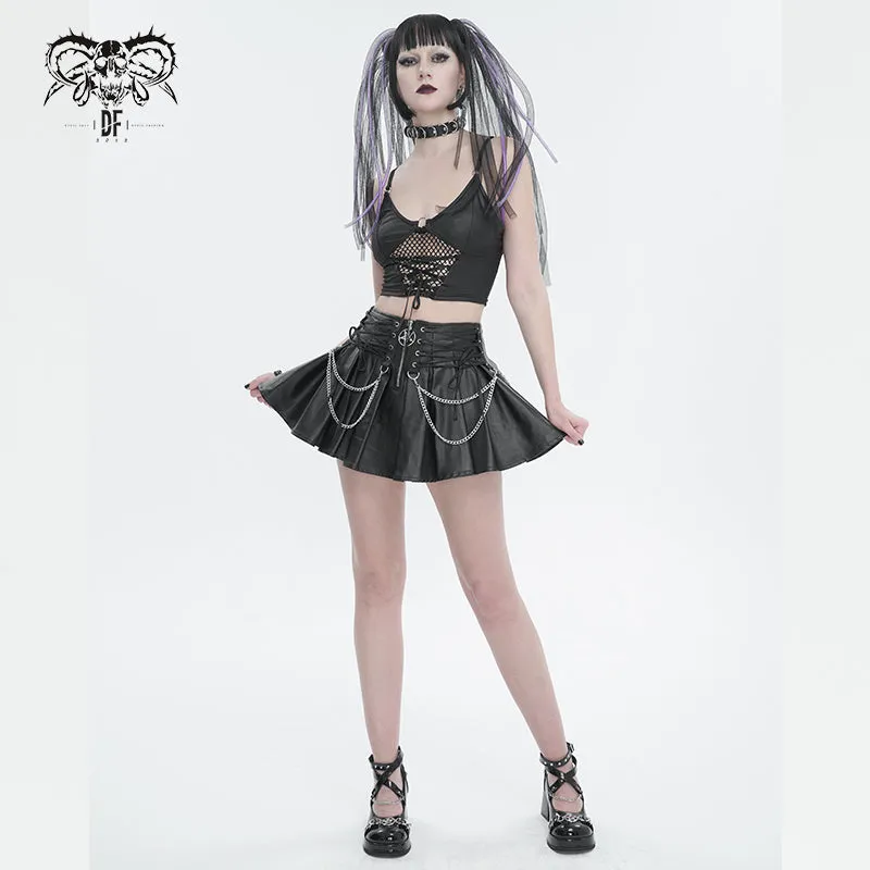 SKT166 Faux leather tied with rope pleated skirt with chain