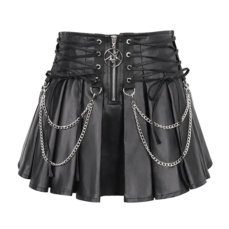 SKT166 Faux leather tied with rope pleated skirt with chain