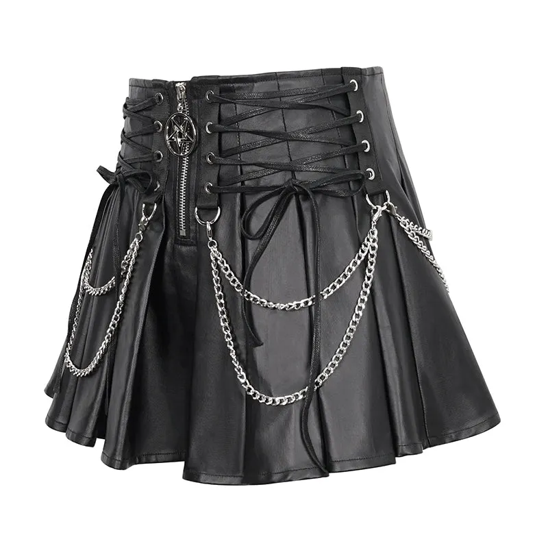 SKT166 Faux leather tied with rope pleated skirt with chain