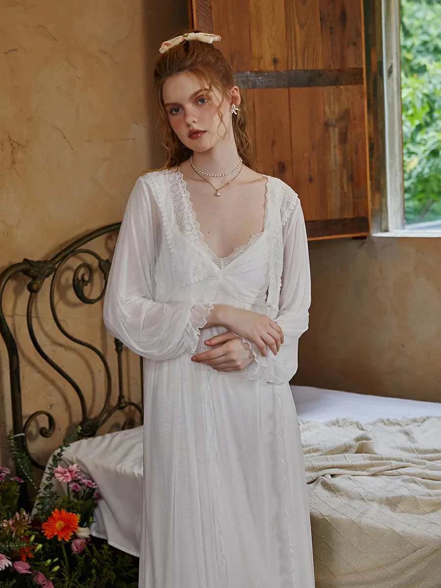 Slessic Romantic Mesh Lace Robe Slip Nightgown Set