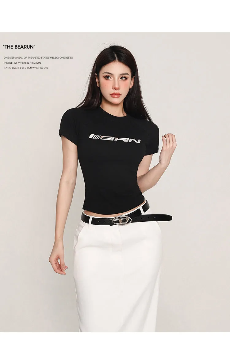 SPEEDAIR Solid Color Graphic Letter Print Short Sleeve Slim Cropped Top