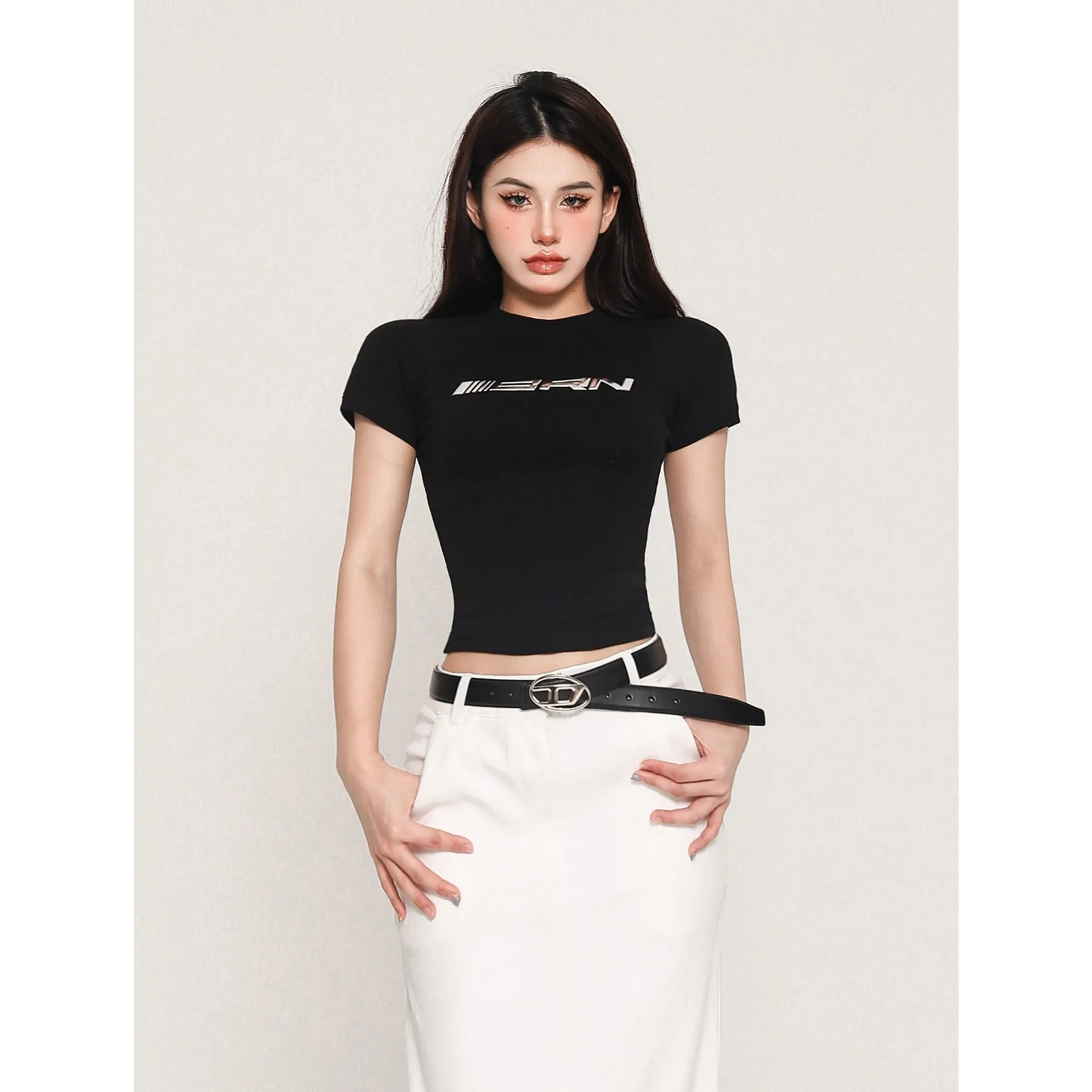 SPEEDAIR Solid Color Graphic Letter Print Short Sleeve Slim Cropped Top