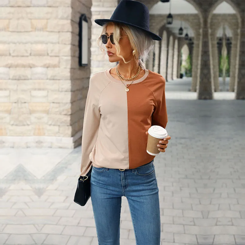 Splicing Long Sleeve Round Neck Casual Base Layer Pullover Top Wholesale Women Top