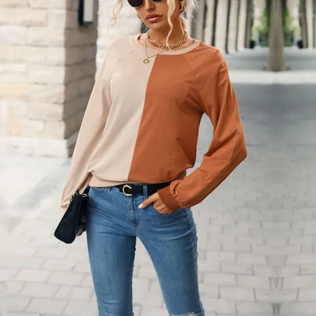 Splicing Long Sleeve Round Neck Casual Base Layer Pullover Top Wholesale Women Top