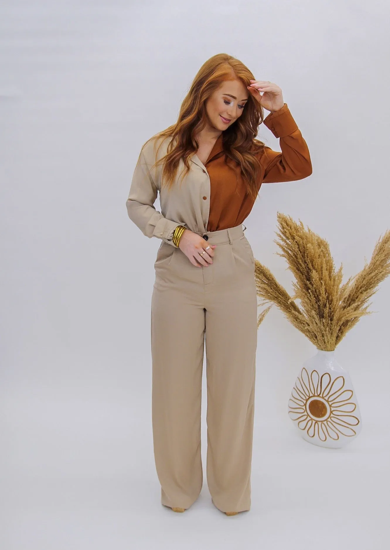 Stacy High Waist Pleated Pants- Taupe