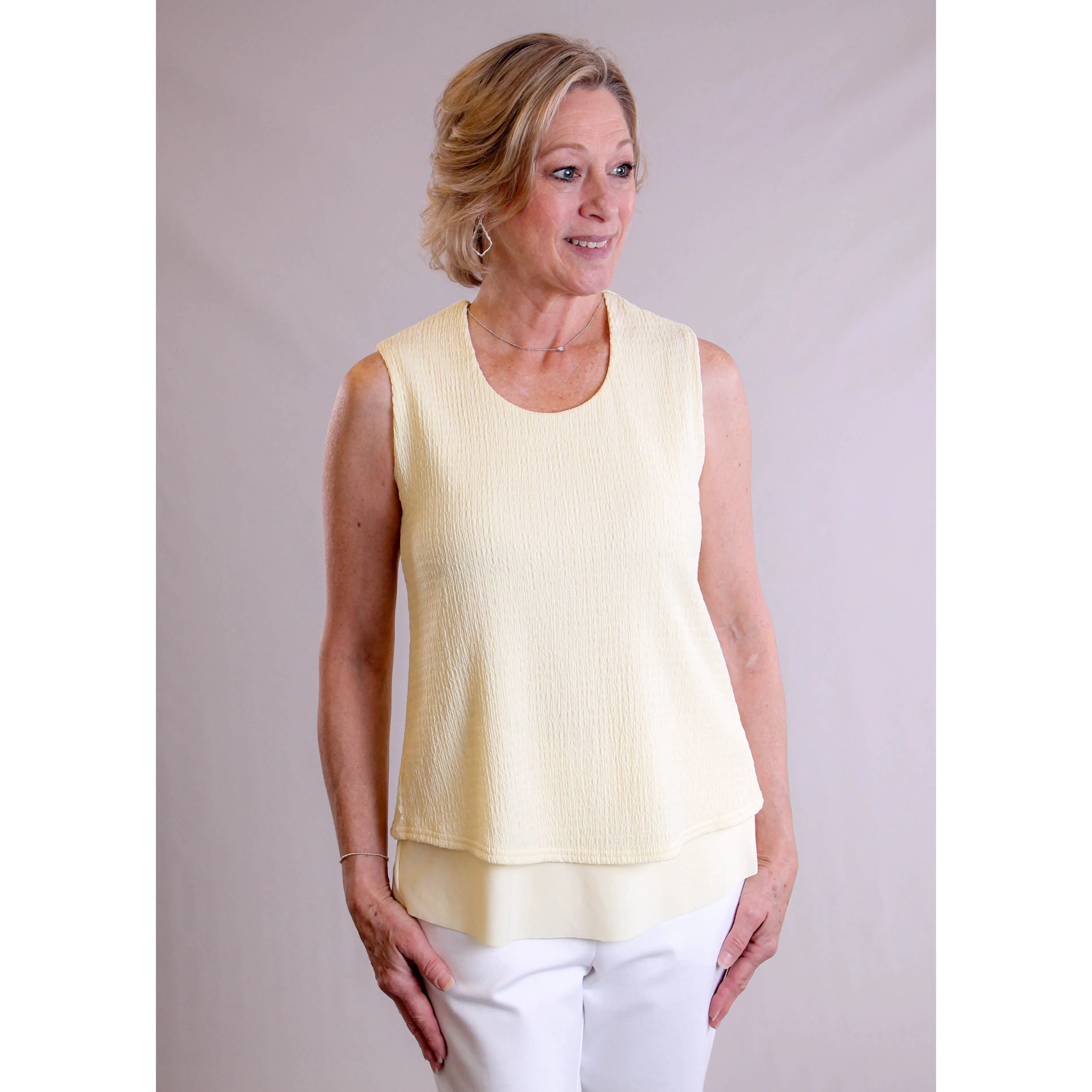 Sympli Sleeveless Double Layer Shell with Jewel Neck