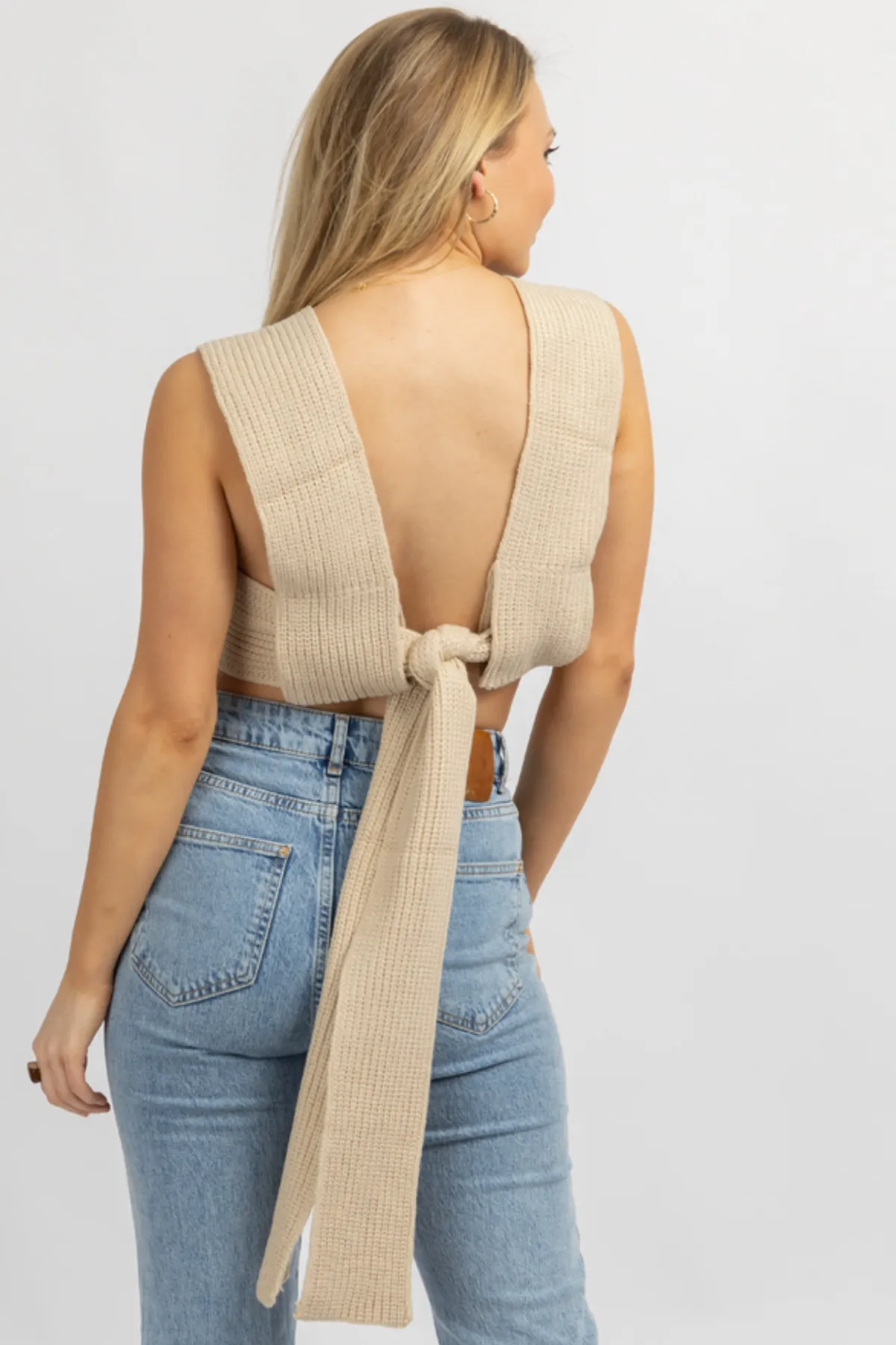 TAN KNIT SELF WRAP CROP TOP