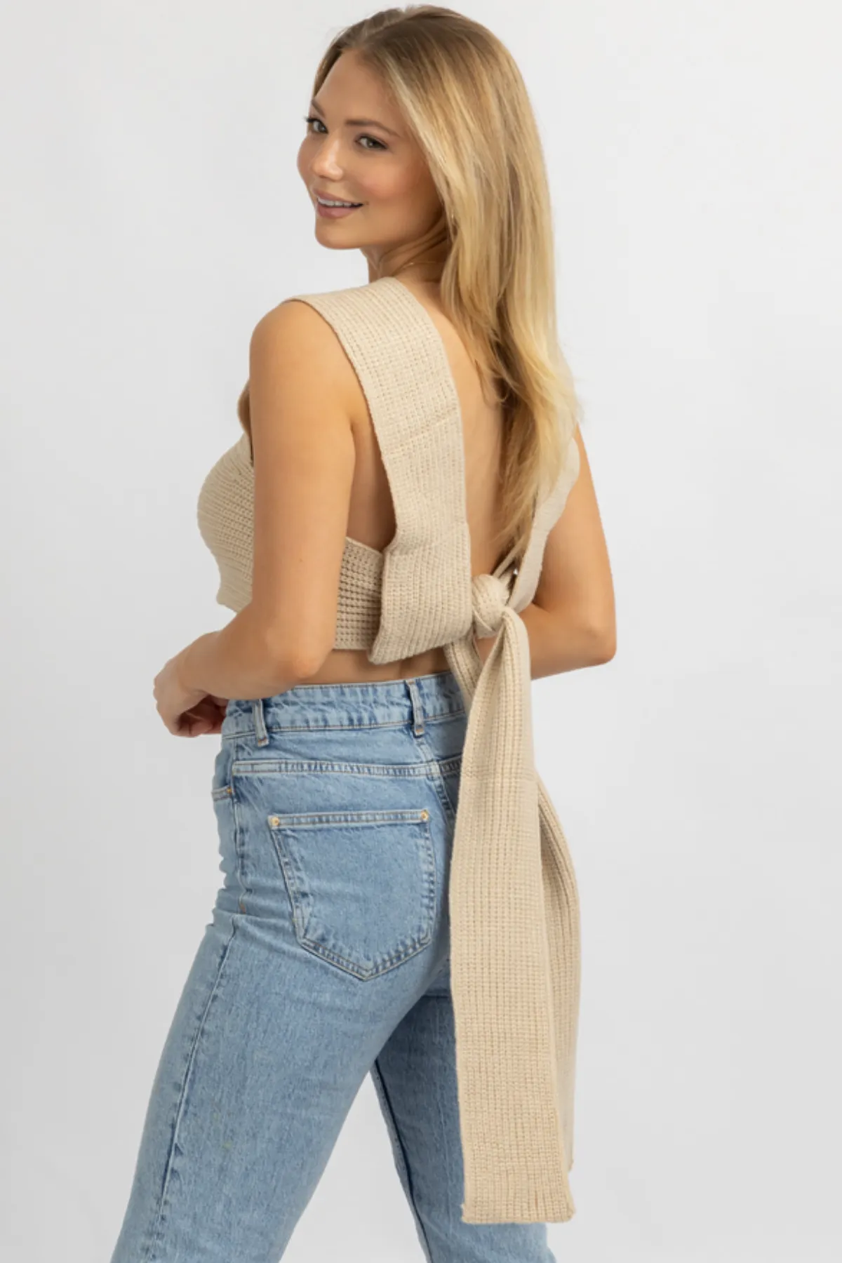 TAN KNIT SELF WRAP CROP TOP