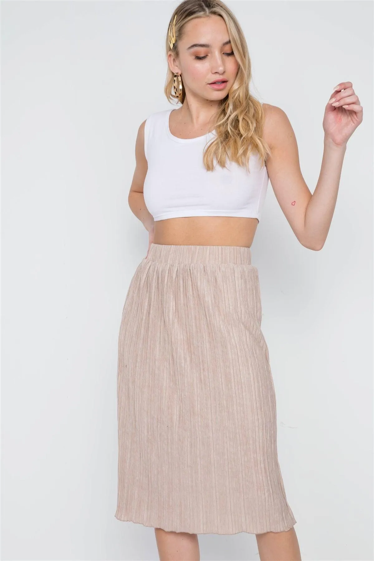 Taupe Knit Pleated High-Waist Midi Skirt /2-2-2