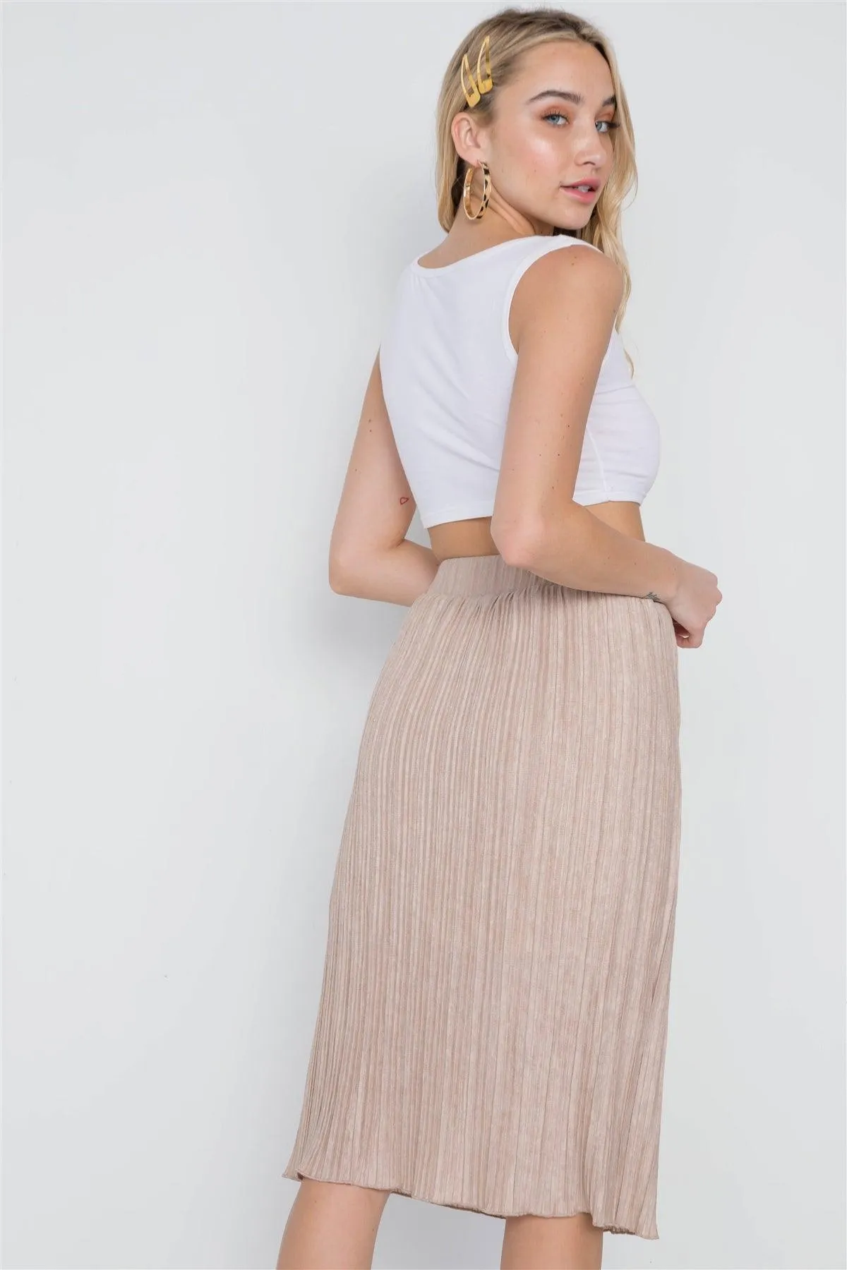 Taupe Knit Pleated High-Waist Midi Skirt /2-2-2