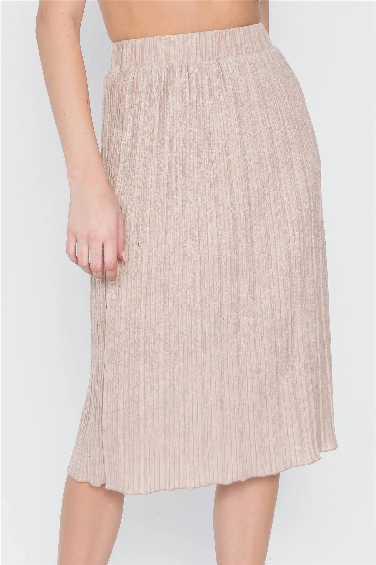 Taupe Knit Pleated High-Waist Midi Skirt /2-2-2