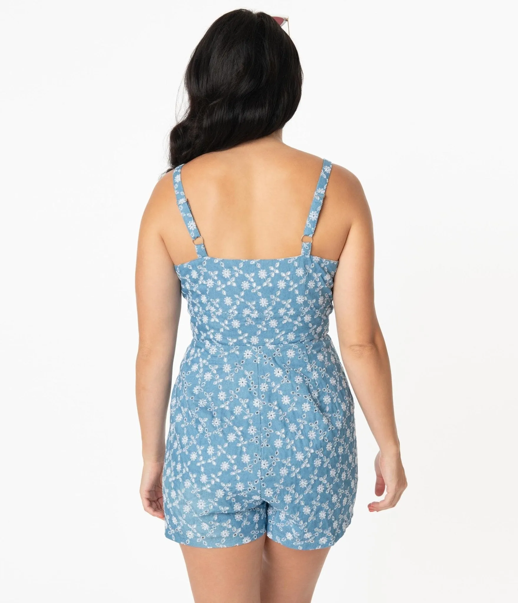 Unique Vintage 1960s Cotton Chambray Floral Eyelet Hayward Romper