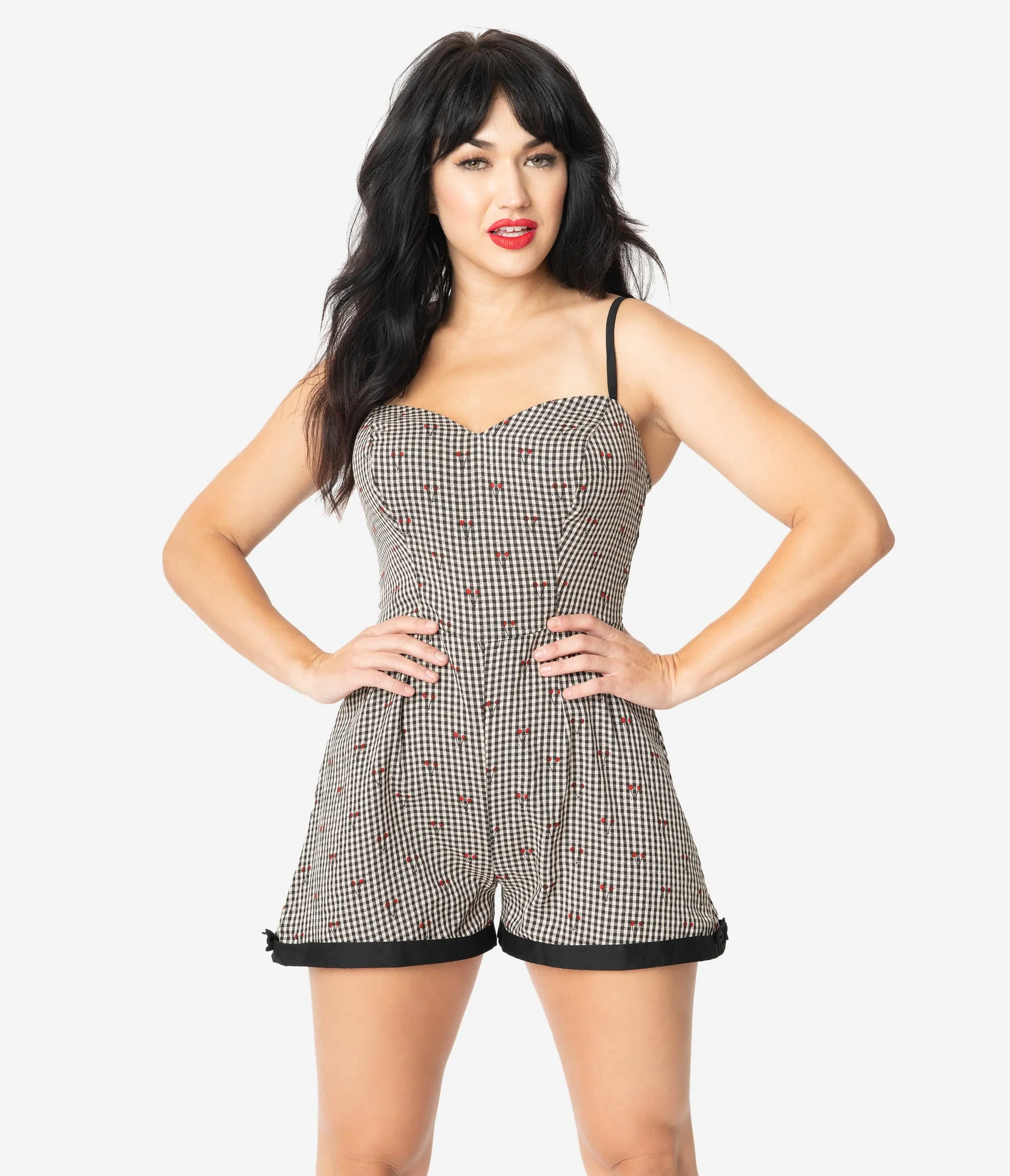 Unique Vintage Black Gingham & Cherry Print Ossining Romper