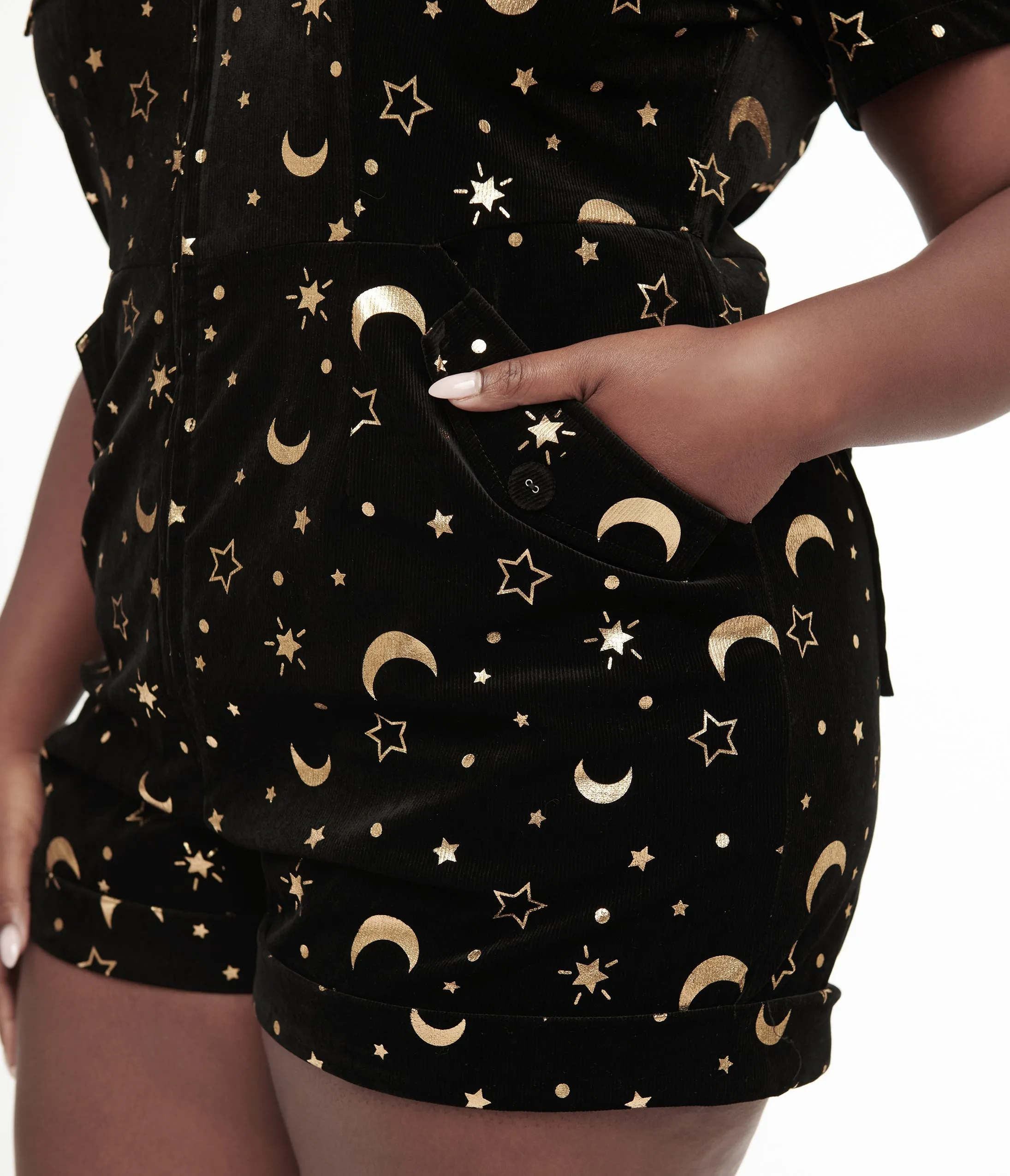 Unique Vintage Plus Size 1960s Black & Gold Moon Print Mia Romper