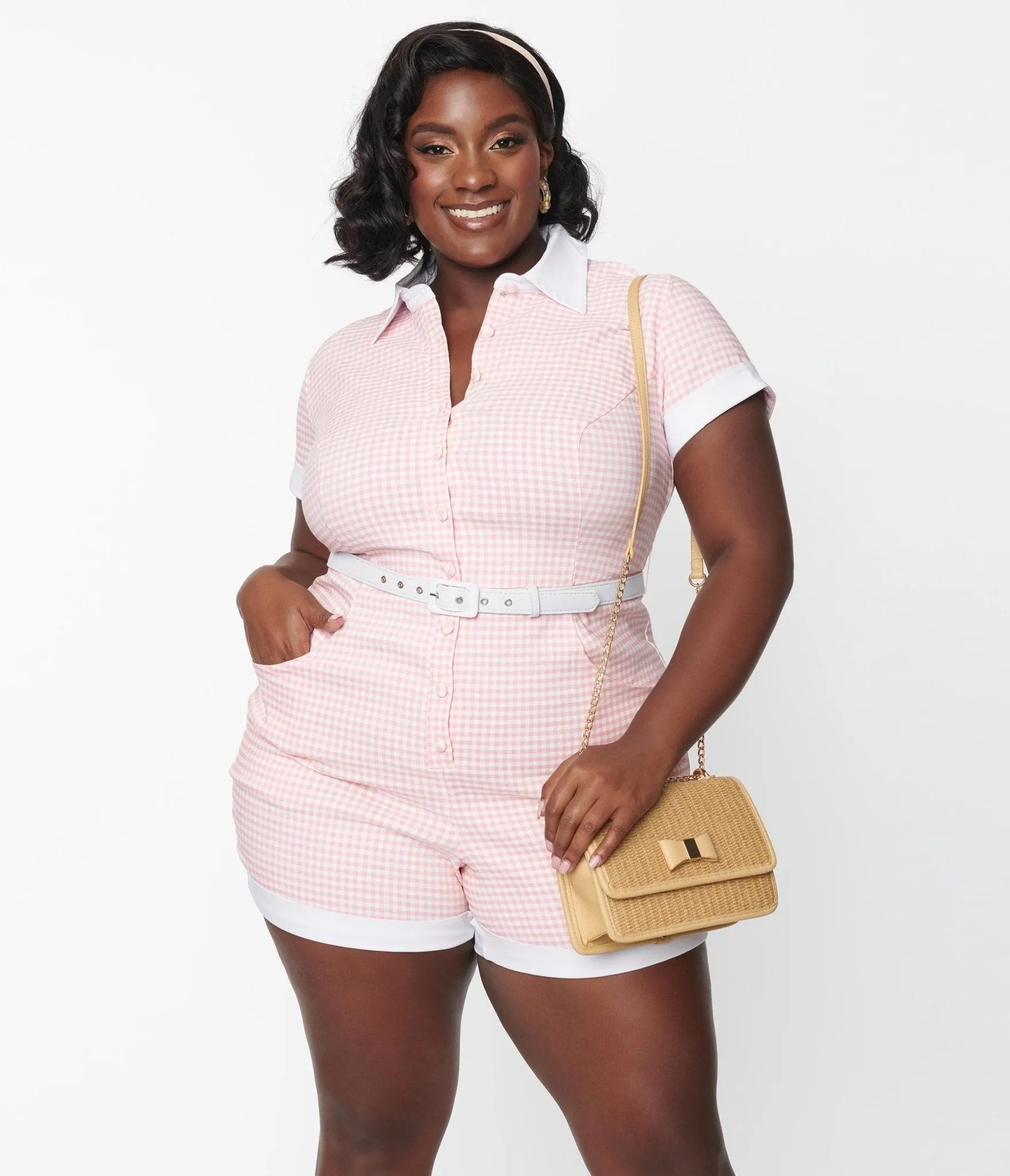 Unique Vintage Plus Size Pink & White Gingham Patsy Romper