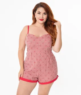 Unique Vintage Plus Size Red Gingham & Cherry Print Ossining Romper