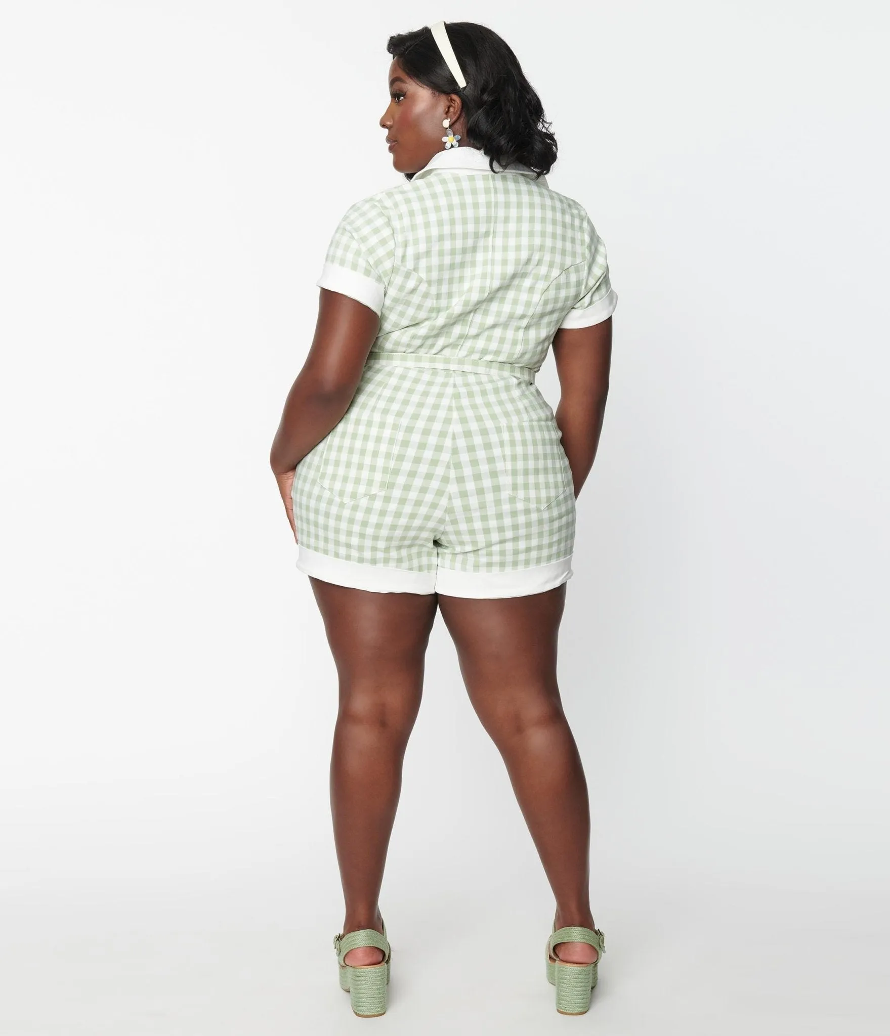 Unique Vintage Plus Size Sage & White Gingham Patsy Romper