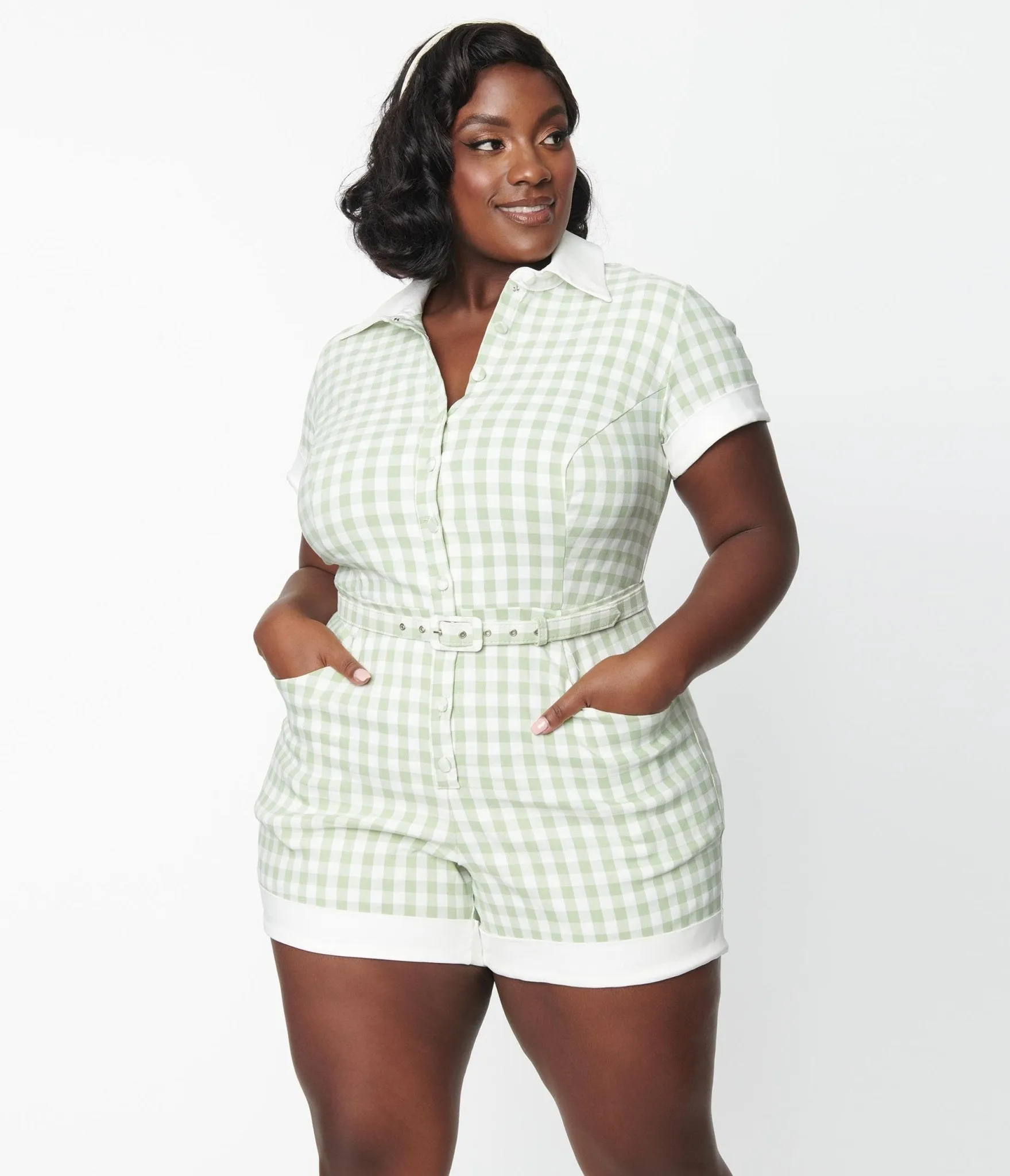 Unique Vintage Plus Size Sage & White Gingham Patsy Romper