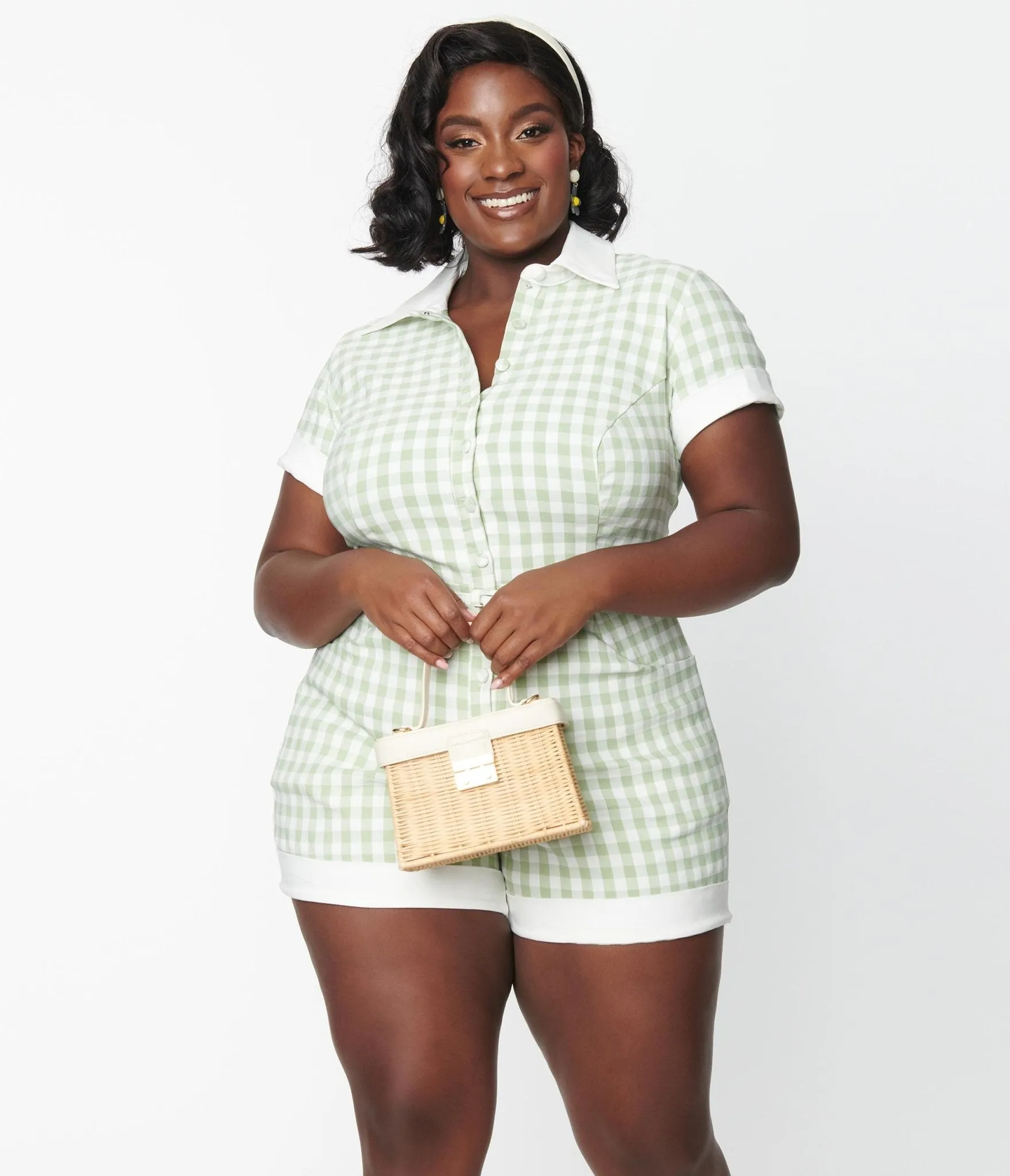 Unique Vintage Plus Size Sage & White Gingham Patsy Romper