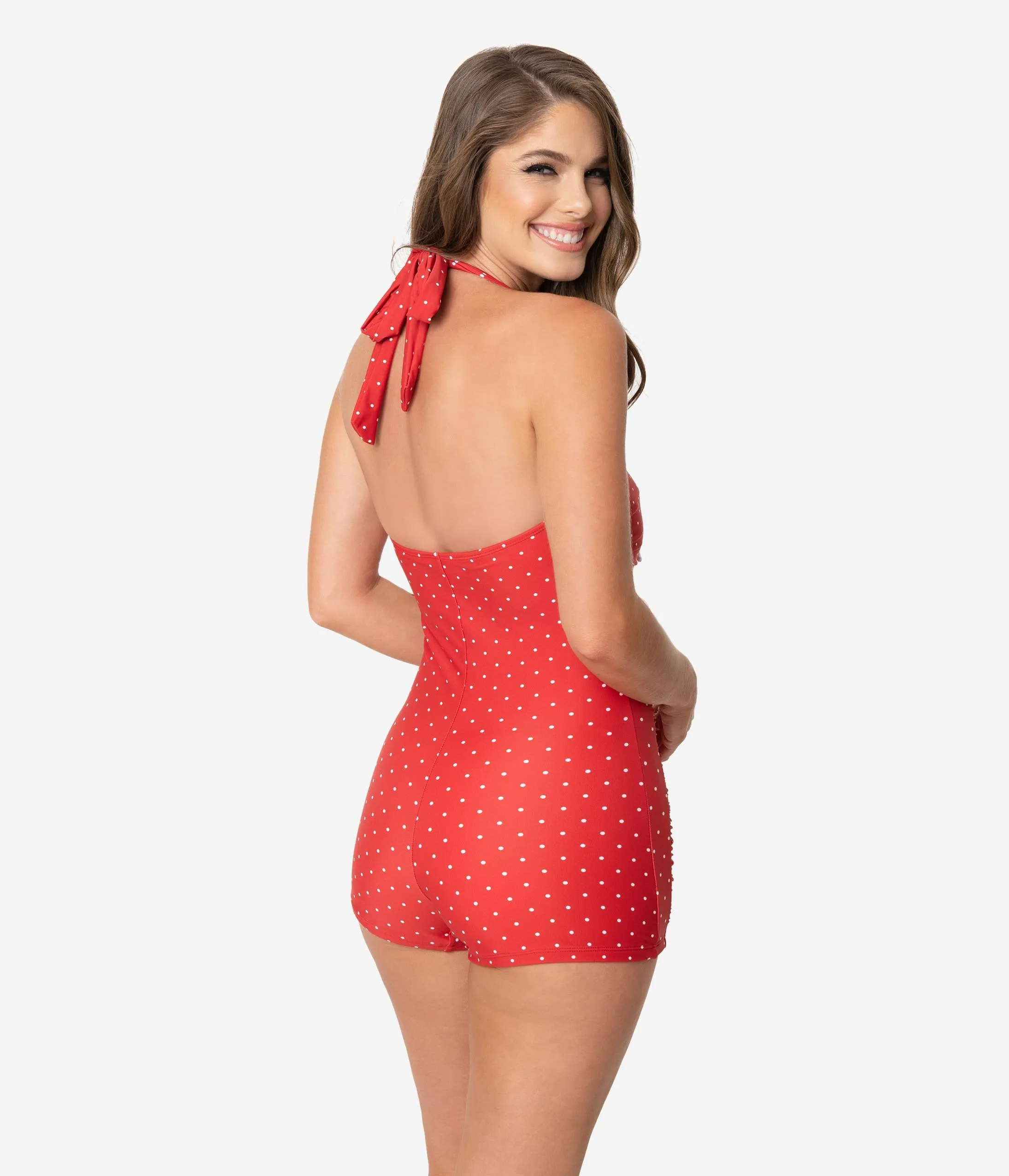 Unique Vintage Red & White Pin Dot Boy Short Pismo Romper Swimsuit