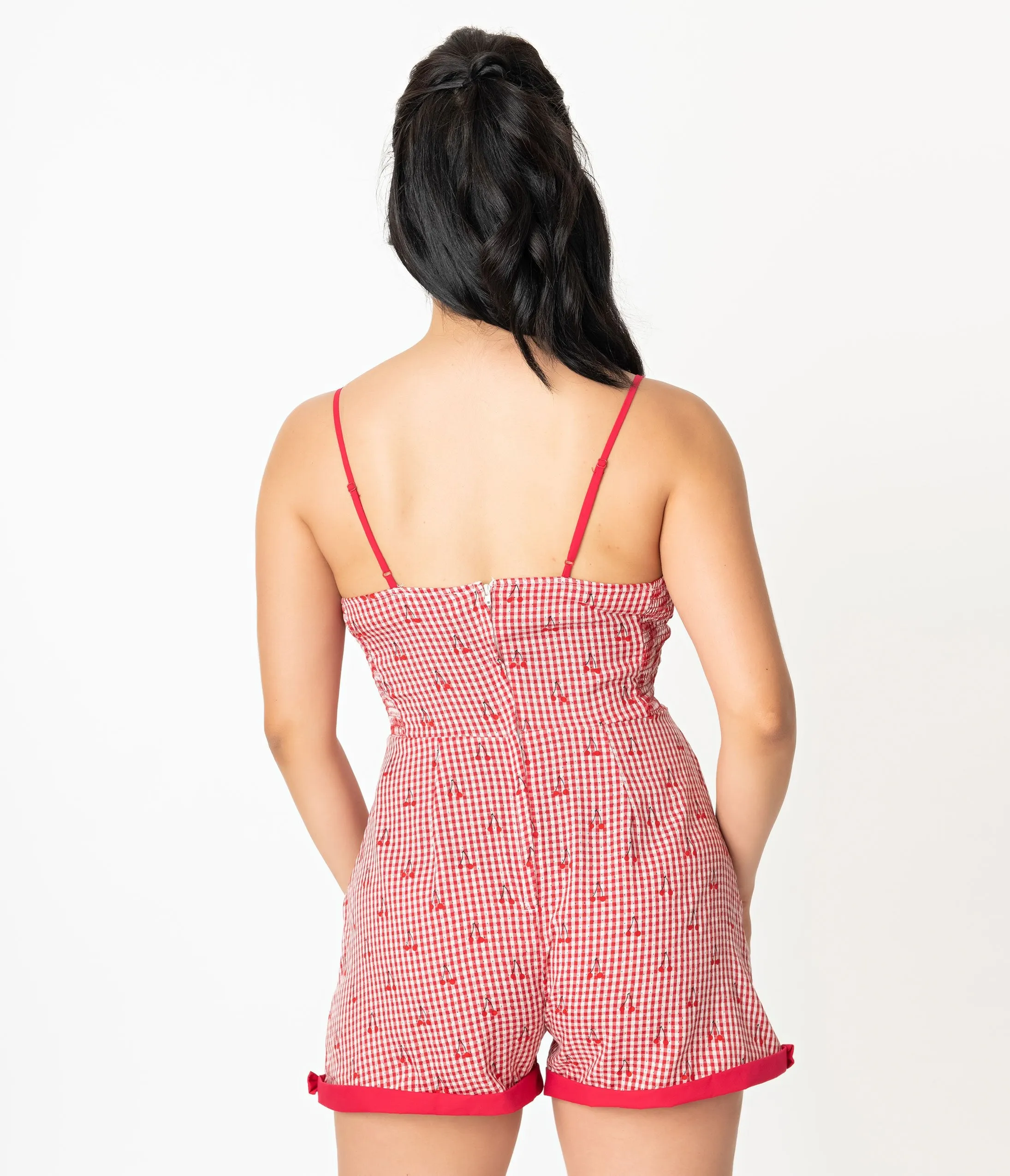 Unique Vintage Red Gingham & Cherry Print Ossining Romper