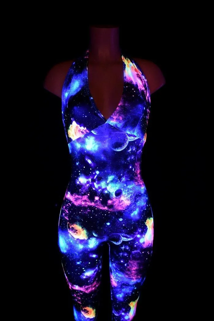 UV Glow Galaxy Print Halter Catsuit