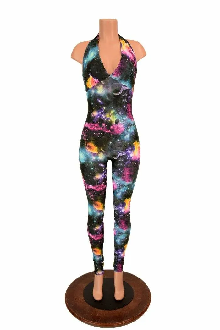 UV Glow Galaxy Print Halter Catsuit