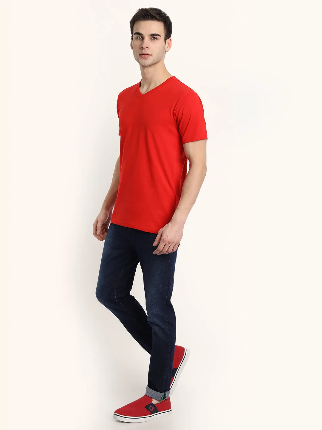 V Neck SHORT SLEEVE T SHIRT - Red