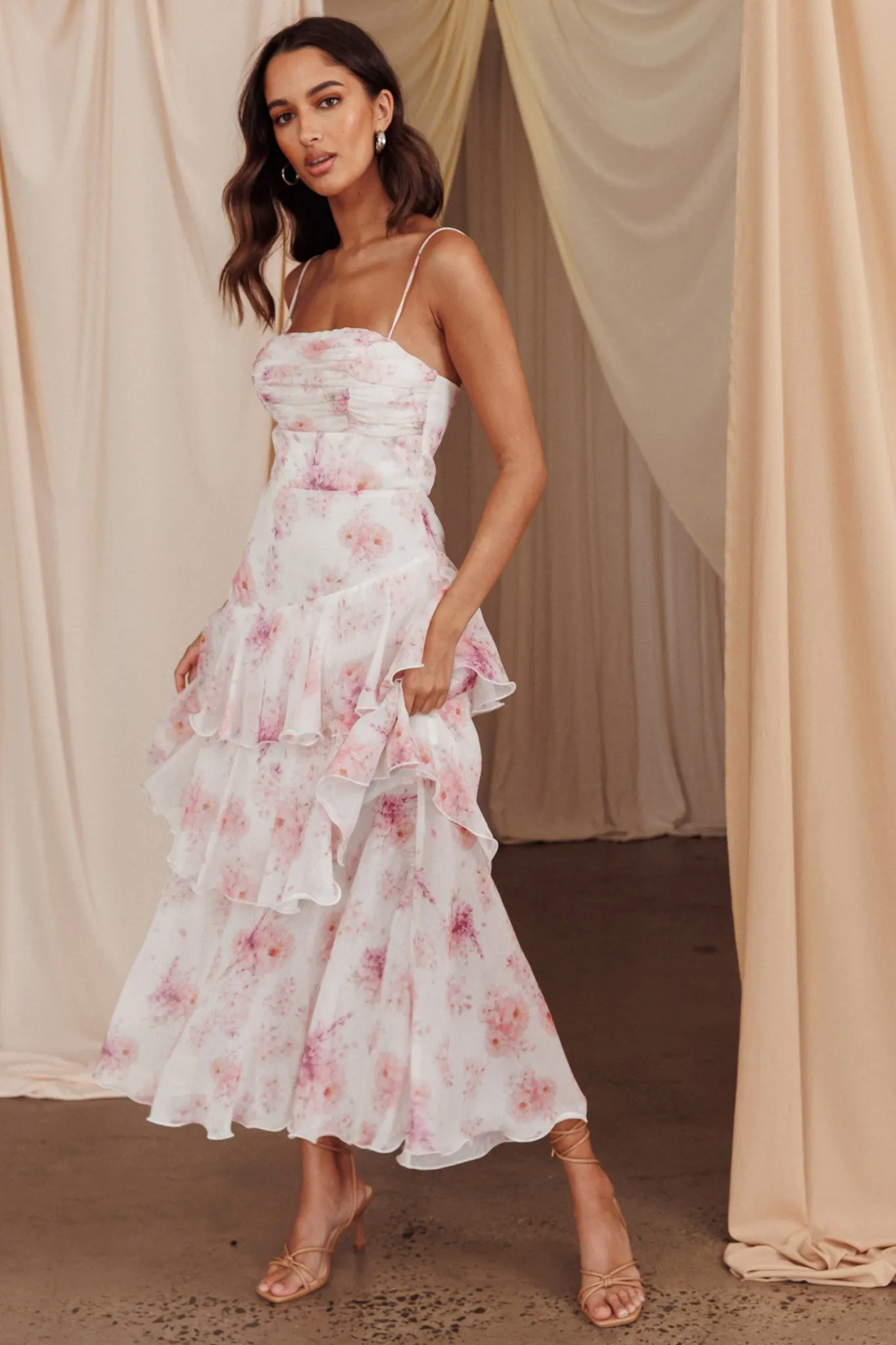 Veda Tiered Layer Midi Dress Floral Blush