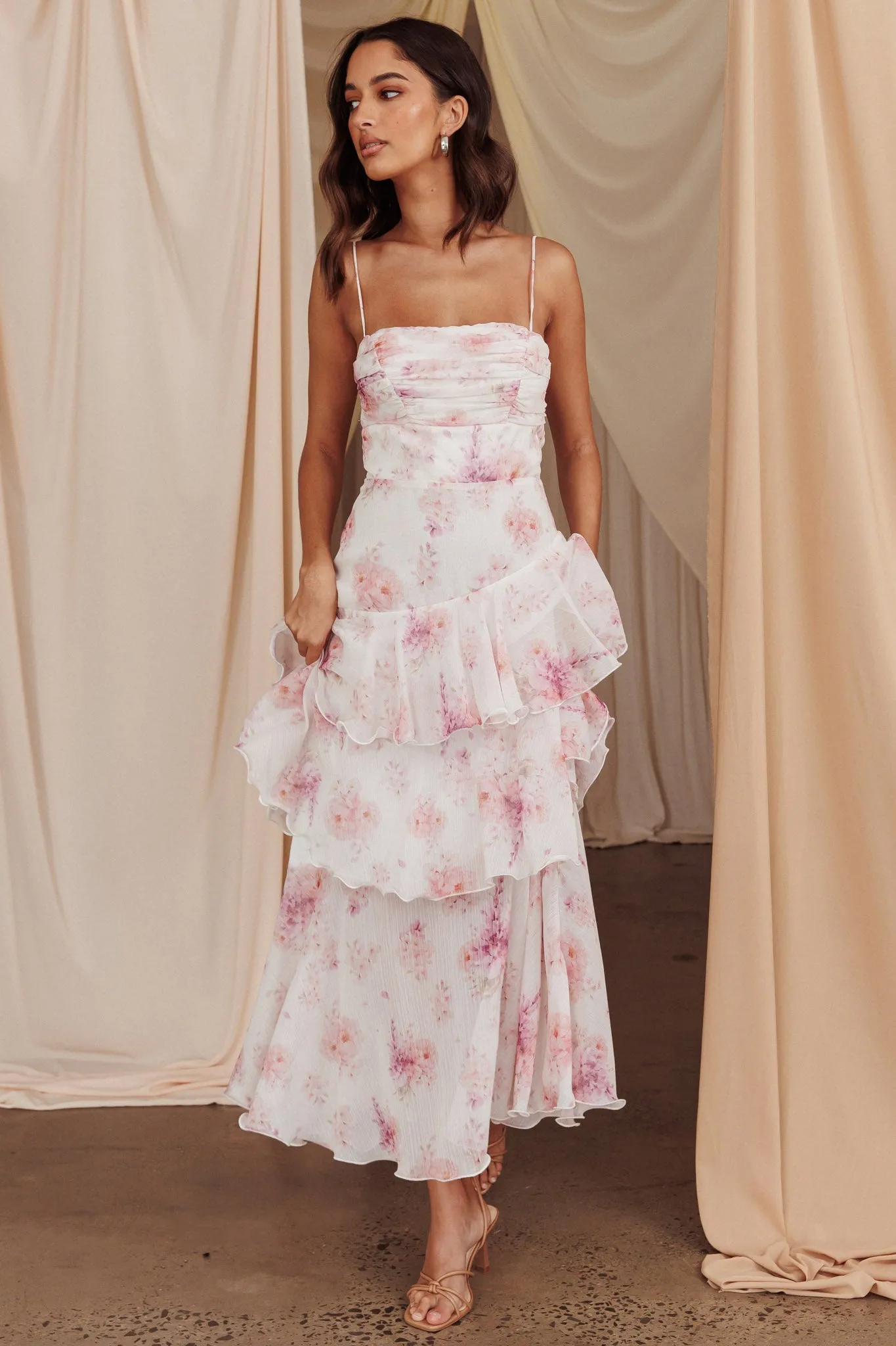 Veda Tiered Layer Midi Dress Floral Blush